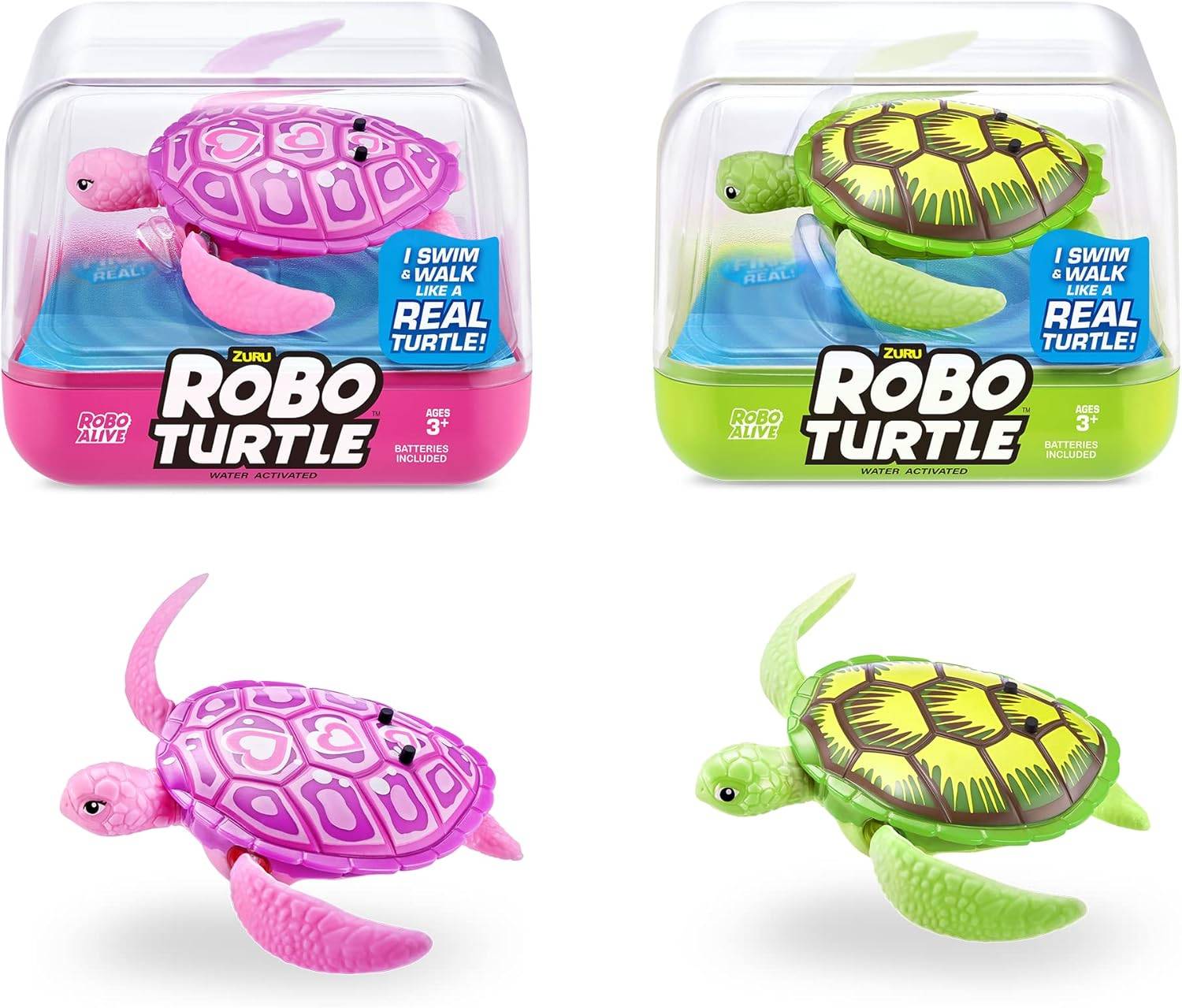 Zwei verpackte Robo Turtle Spielzeuge, eines in Rosa und eines in Grün. Die Verpackung hebt hervor ‚schwimmt & läuft wie eine echte Schildkröte.' Beide haben sichtbare Flossen.