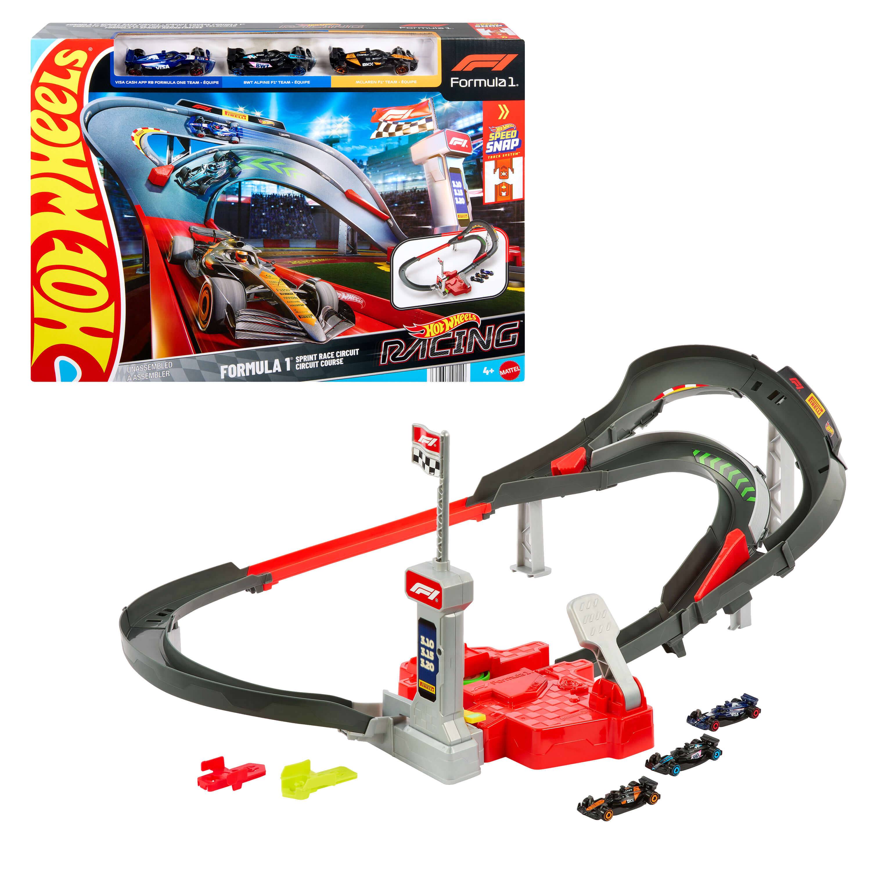 Hot Wheels Formel-1-Rennstrecken-Set mit Schleifen und Kurven; enthält vier Miniatur-Autos. Verpackung zeigt Rennszenen und Strecken-Highlights.