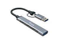 Ein kompakter USB-Hub mit mehreren Anschlüssen, ausgestattet mit einem kurzen schwarzen Kabel und einem eleganten Metalldesign zum Anschluss von Geräten an einen Computer.