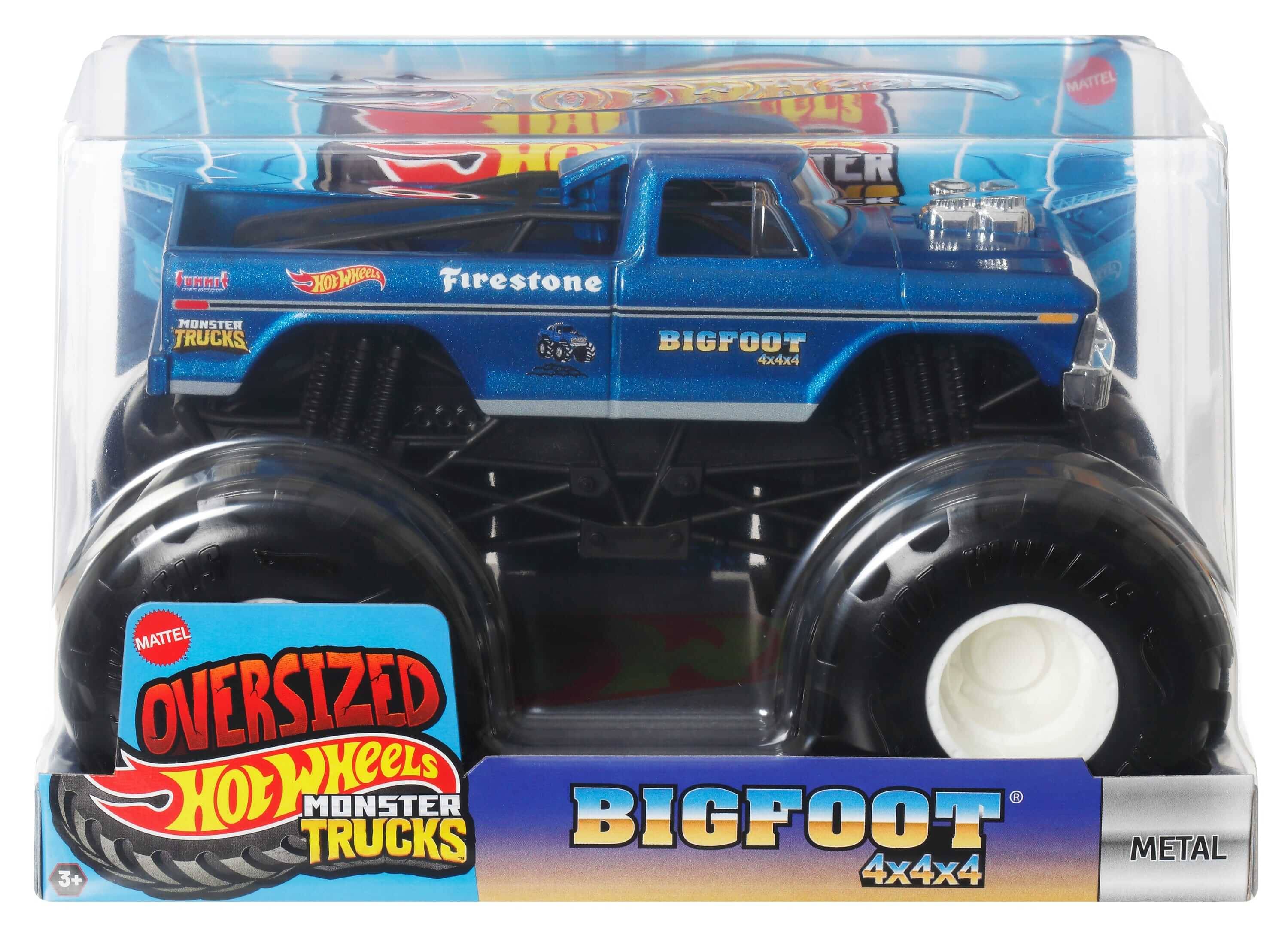 Ein blaues 'Bigfoot 4x4x4' Monster-Truck-Spielzeug in Verpackung, mit großen Reifen und 'Oversized Hot Wheels Monster Trucks' Markierung.