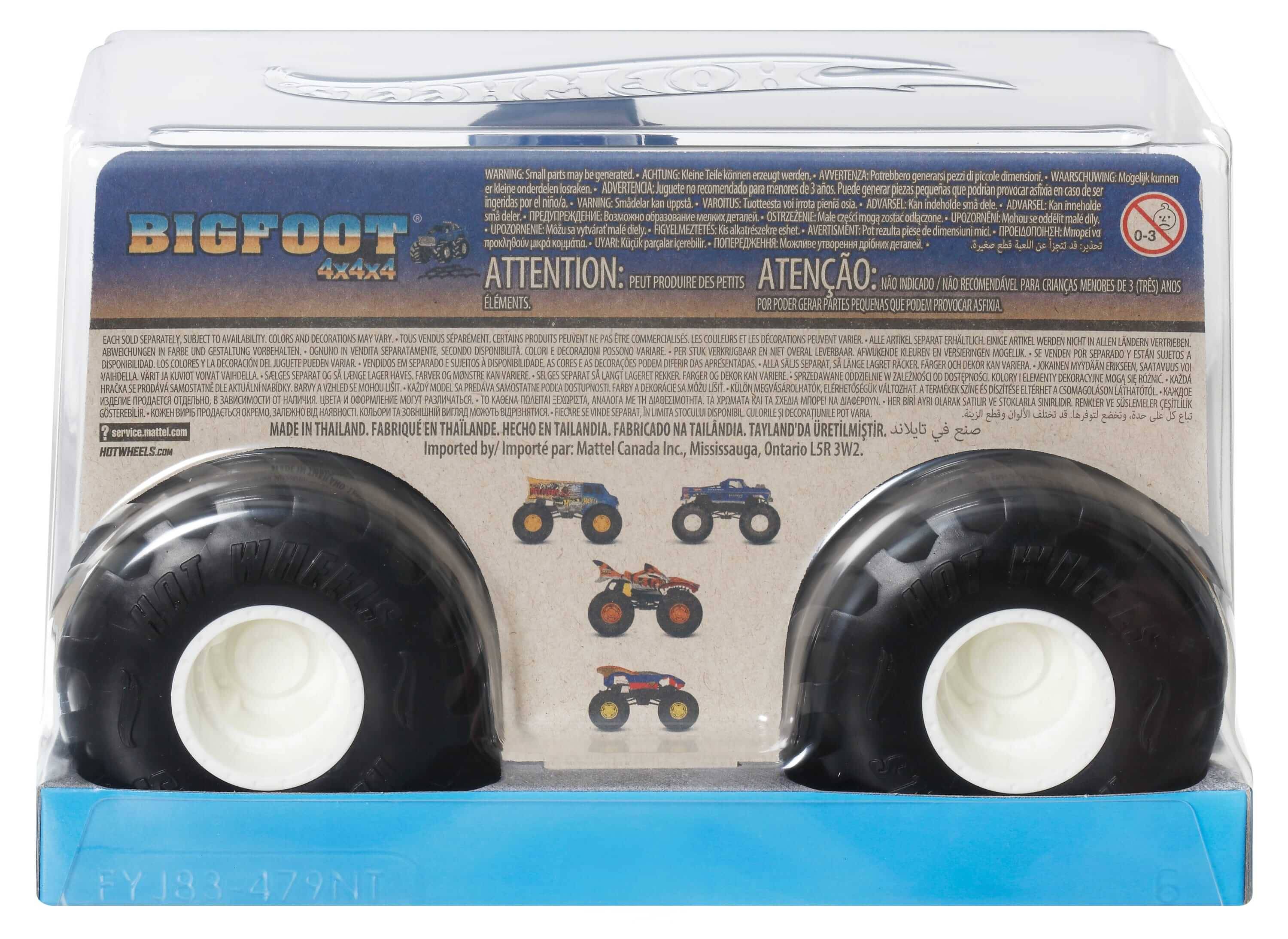 Schachtel mit Spielzeug-Monstertruck mit großen Rädern und verschiedenen ausgestellten Modellen. Text enthält Produktinformationen und Herstellungsdetails.