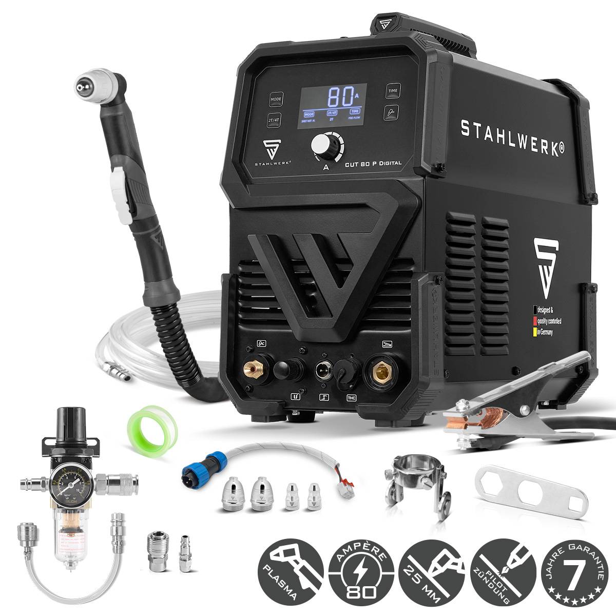 Ein kompaktes schwarzes Plasmaschneidgerät mit der Bezeichnung „STAHLWERK CUT 80