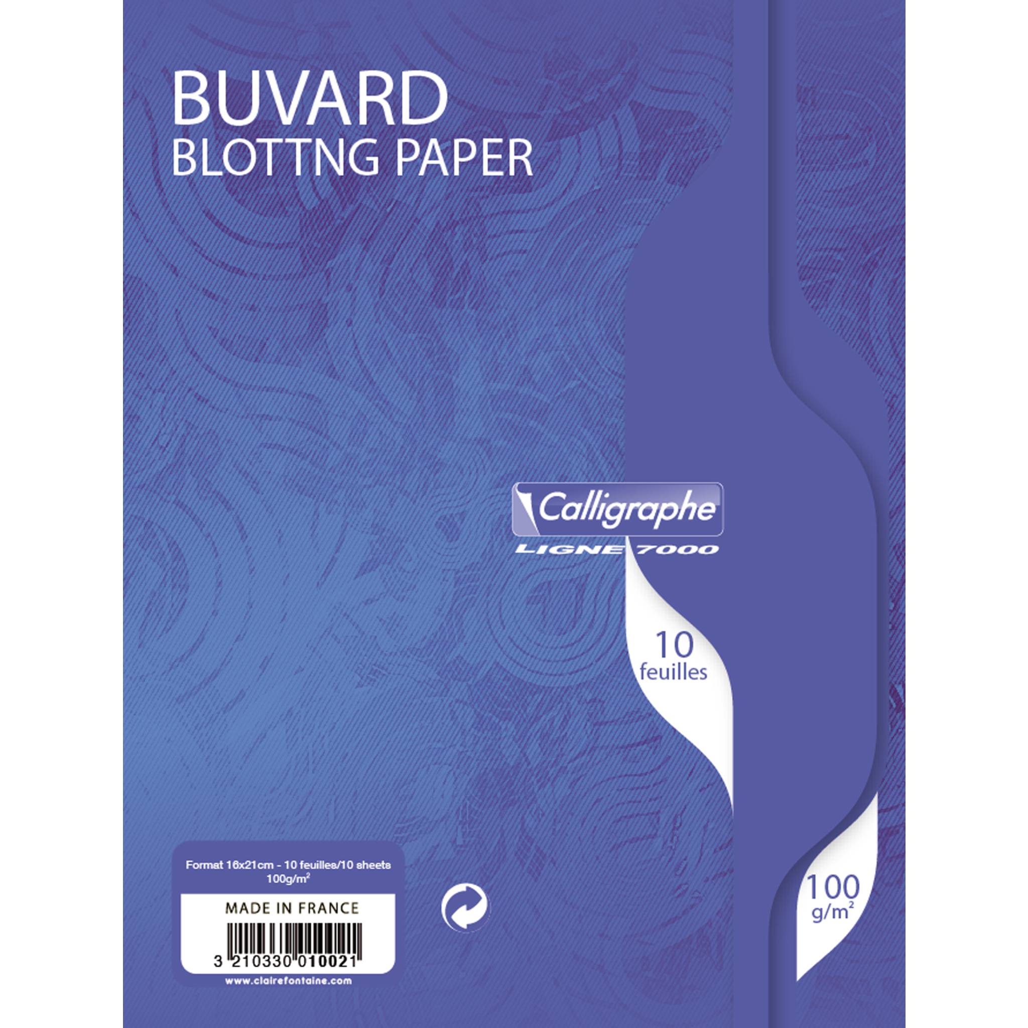 Blaues Löschpapier in Verpackung, beschriftet mit 'BUVARD BLOTING PAPER' und 'Calligraphe Ligne 1000', enthaltend 10 Blatt, hergestellt in Frankreich.