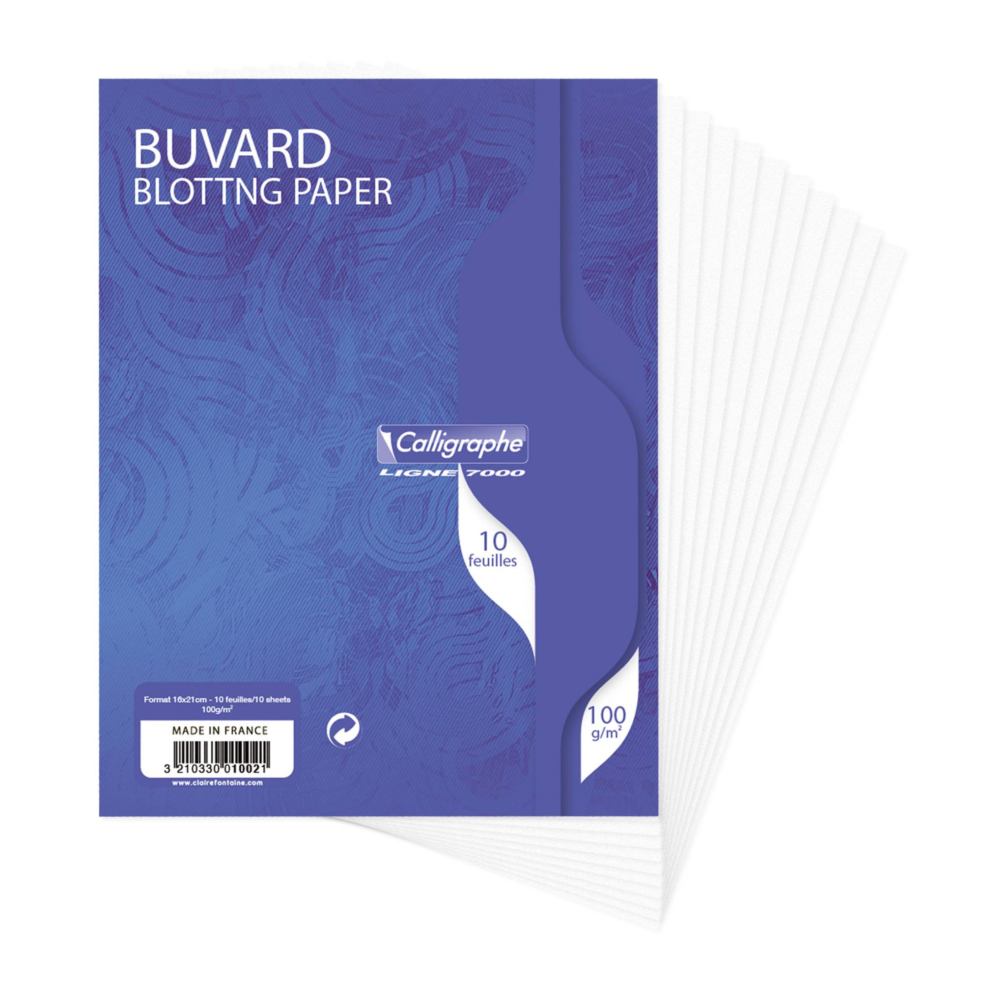 Blaue Umschlagseite von 'Buvard Blotting Paper' mit Markenlogo und Spezifikationen. Zeigt '10 Blatt', '100 g/m²'.