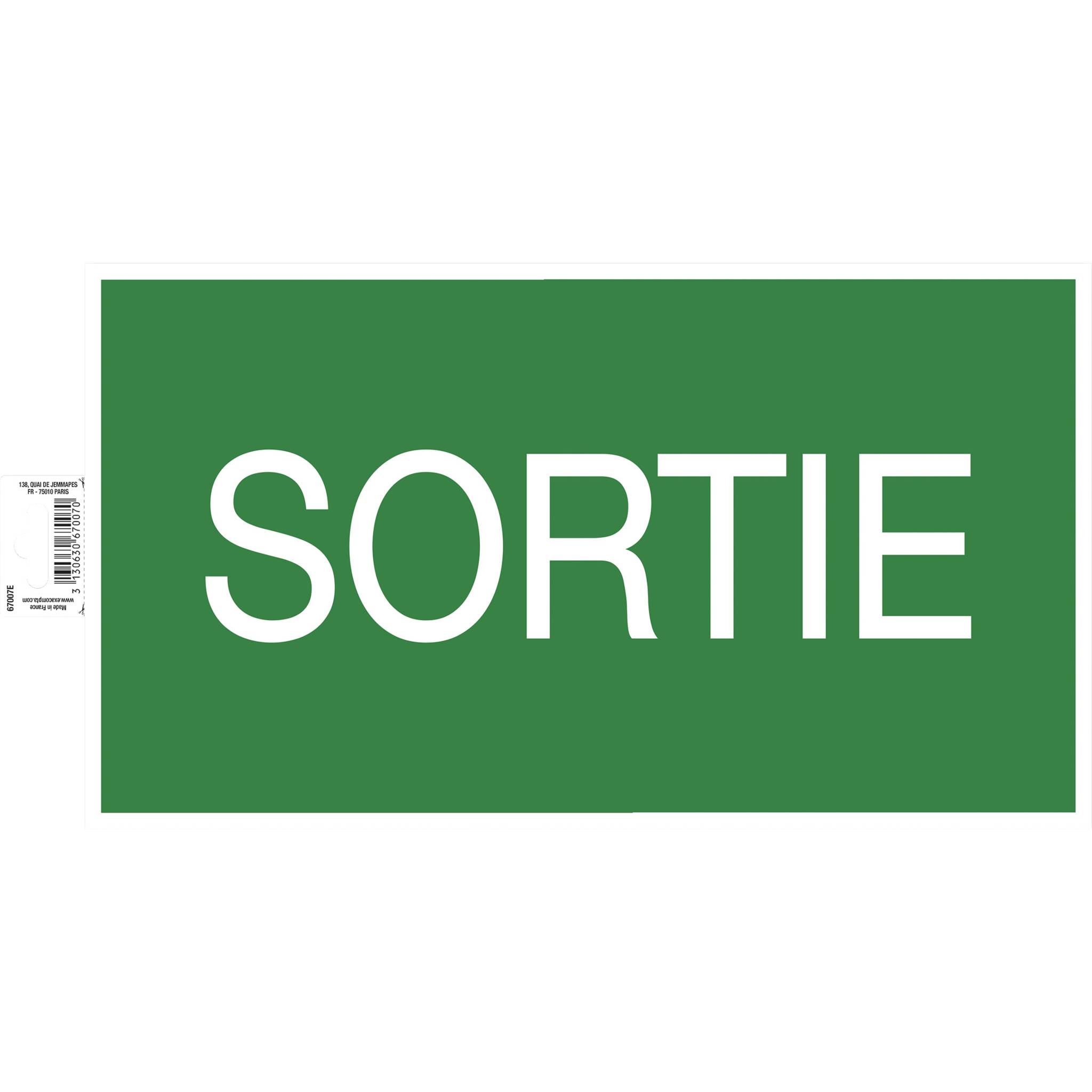 Grünes Notausgangsschild mit dem Wort 'SORTIE' in Weiß, das die Richtung zu einem Ausgang in einem Gebäude anzeigt.