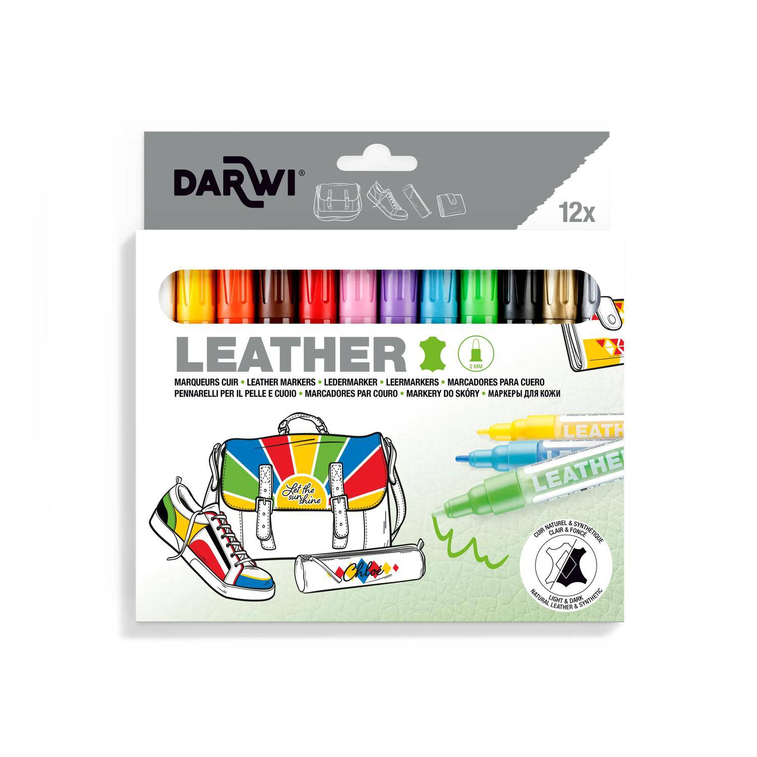 Darwi Ledermarker-Set, 12 Farben, gezeigt mit verzierten Schuhen und Tasche. Etiketten in mehreren Sprachen: Marker für Leder/Cuero.