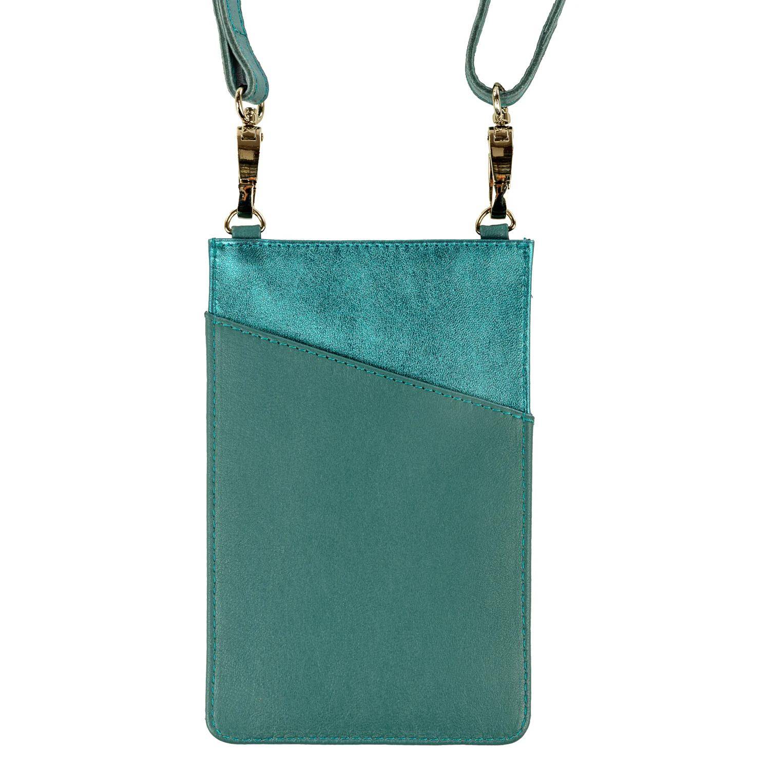 Eine Crossbody-Handytasche in Petrolblau mit einer diagonalen Tasche an der Vorderseite und verstellbarem Riemen, die für das Tragen von kleinen Gegenständen oder einem Smartphone konzipiert ist.
