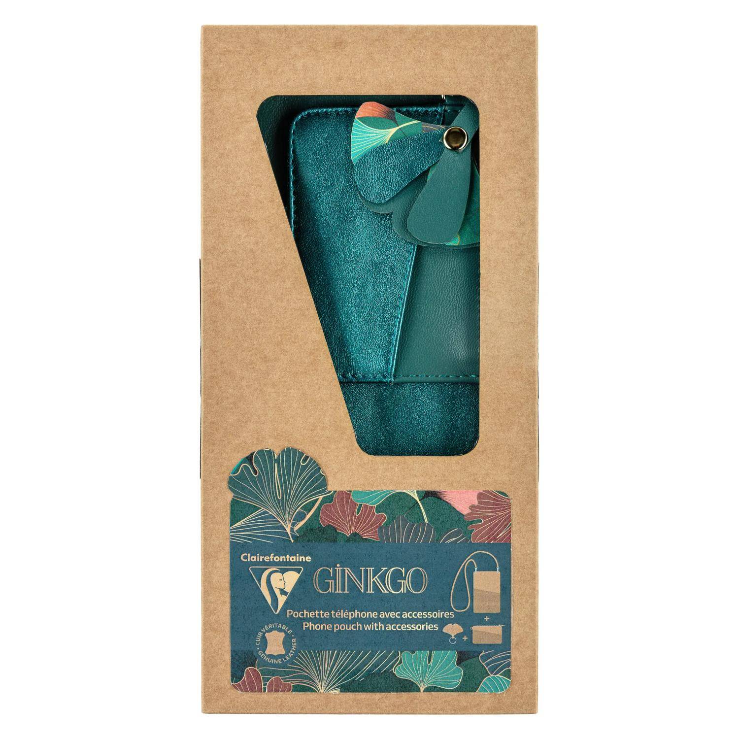 Handytasche in Petrolblau mit Ginkgo-Blatt-Design. Verpackt in einer braunen Kartonbox mit einem Sichtfenster, das die Tasche und Zubehör zeigt.