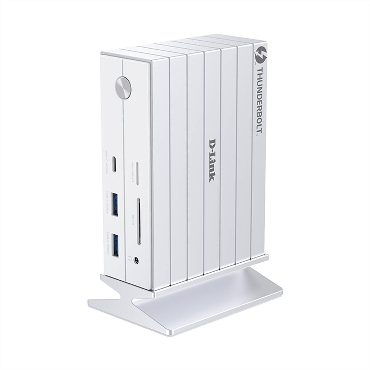 Weiße D-Link Thunderbolt-Dockingstation, die auf einer silbernen Basis steht, mit USB- und Kartensteckplätzen auf der Frontplatte.