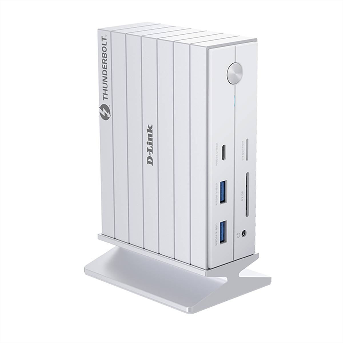 Weiße D-Link Thunderbolt-Dockingstation auf einem Ständer, mit vorderen Anschlüssen einschließlich USB, Kartensteckplätzen und einem runden Netzschalter.