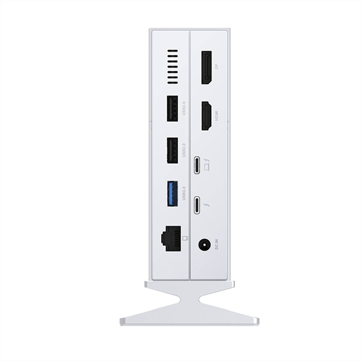 Seitenansicht einer kompakten Mini-PC-Dockingstation mit mehreren Anschlüssen: USB, USB-C, HDMI, Ethernet und Audio auf einem silbernen Ständer.