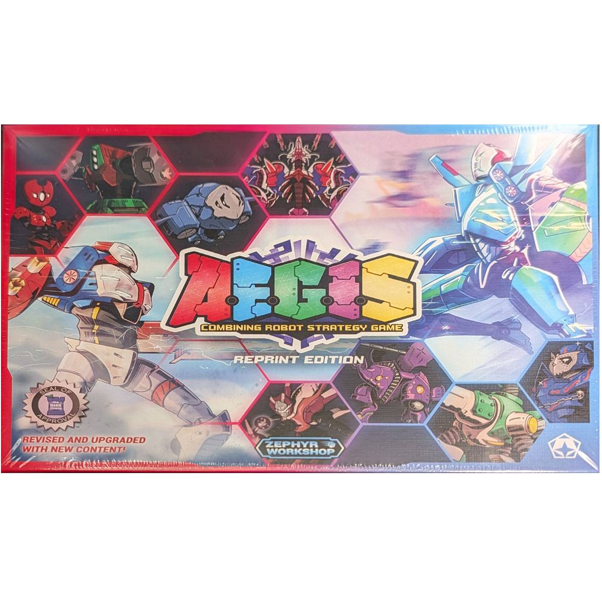 Eine Brettspielbox mit dem Titel 'Aegis: Roboter-Strategiespiel - Neuauflage' mit farbenfrohen Roboter-Illustrationen und sechseckigen Designs.