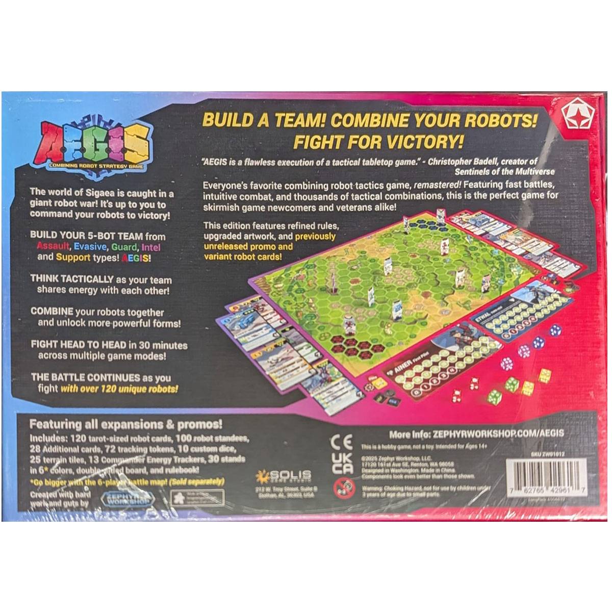 Auf der Rückseite der AEGIS-Spielebox befinden sich lebendige Illustrationen des Spielablaufs, die ein Raster, Würfel und Roboterkarten zeigen; diese laden dazu ein, ein Team aufzubauen und taktisch zu spielen.