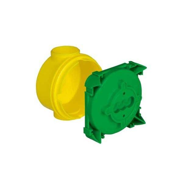 Ein gelber zylindrischer Behälter und ein grüner quadratischer Deckel mit ineinandergreifenden Kanten, die so ausgerichtet sind, dass sie zusammenpassen.