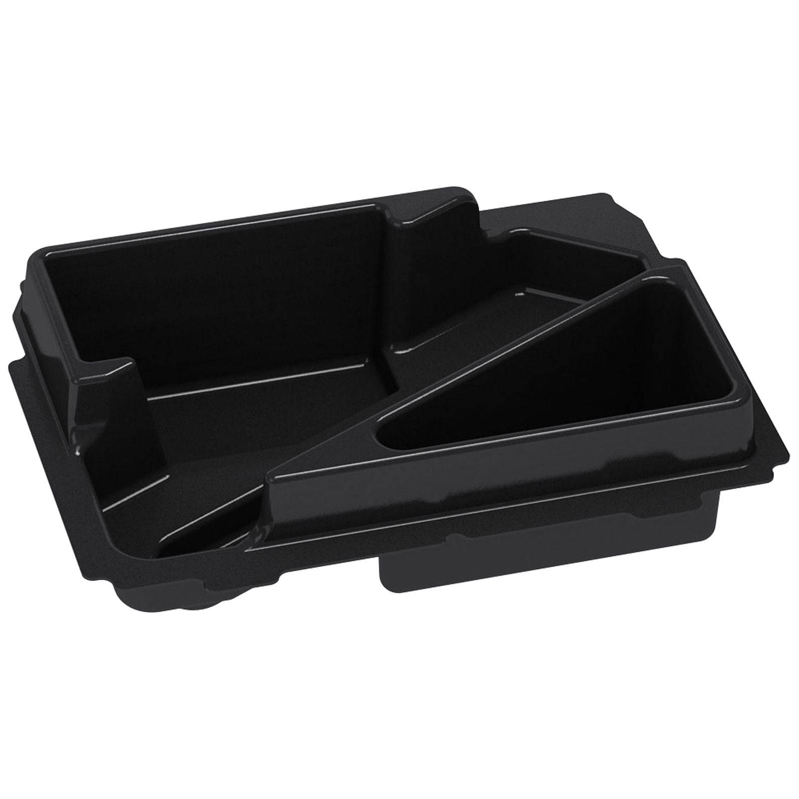 Ein schwarzes, dreigeteiltes Kunststoff-Tablett, das für die Lebensmittelausgabe konzipiert ist, mit Bereichen für Hauptgericht und Beilagen, aus der Draufsicht betrachtet.