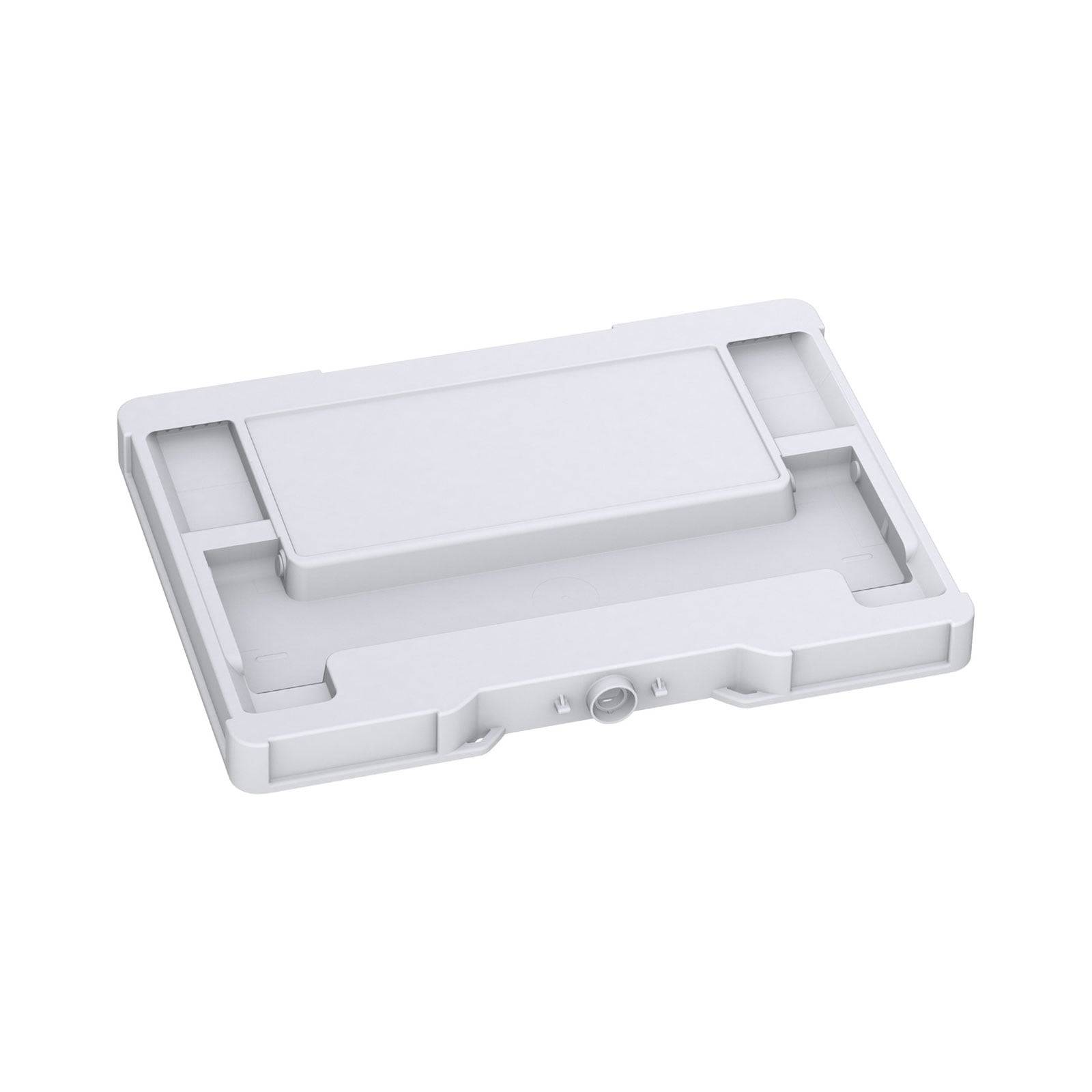 Ein weißer Laptopständer mit verstellbarer Höhe verfügt über Belüftungsschlitze und ein kompaktes Design für gute Tragbarkeit.