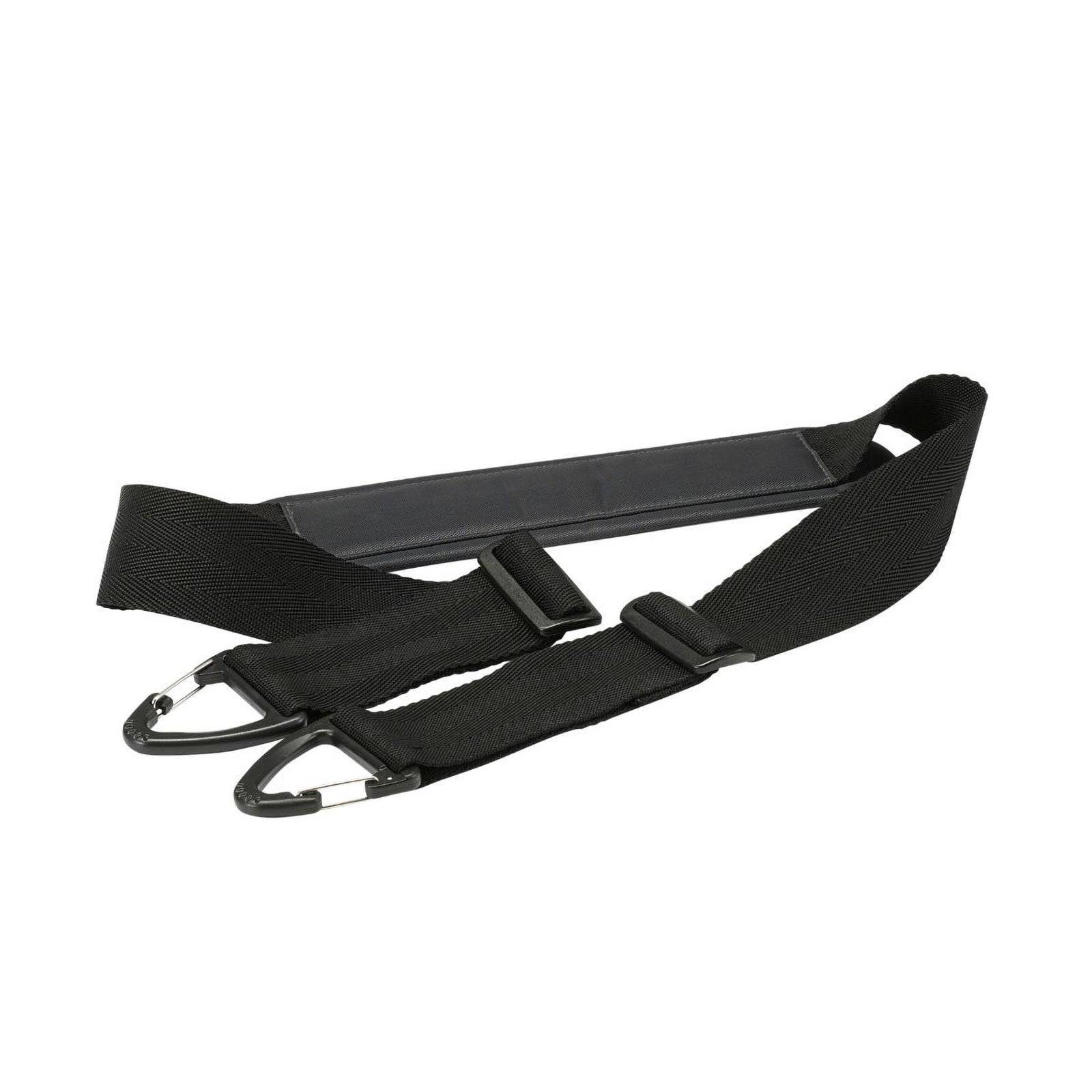 Schwarzer verstellbarer Schultergurt mit karabinerartigen Clips, entwickelt zum Anbringen an Ausrüstung oder Gepäck für einfaches Tragen.