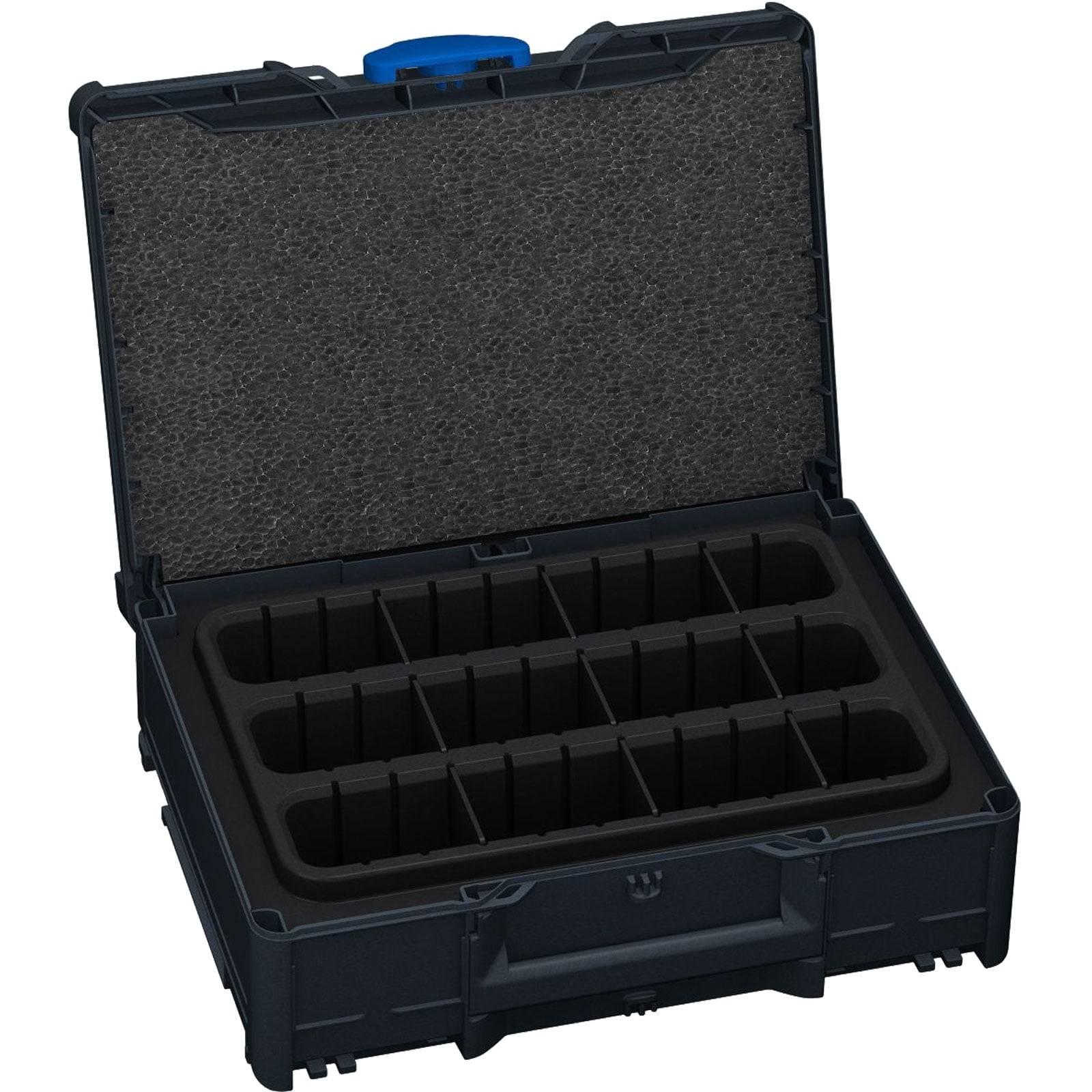 Eine offene schwarze Werkzeugbox mit zwölf unterteilten Fächern, die für die organisierte Aufbewahrung von kleinen Werkzeugen und Kleinteilen konzipiert ist.