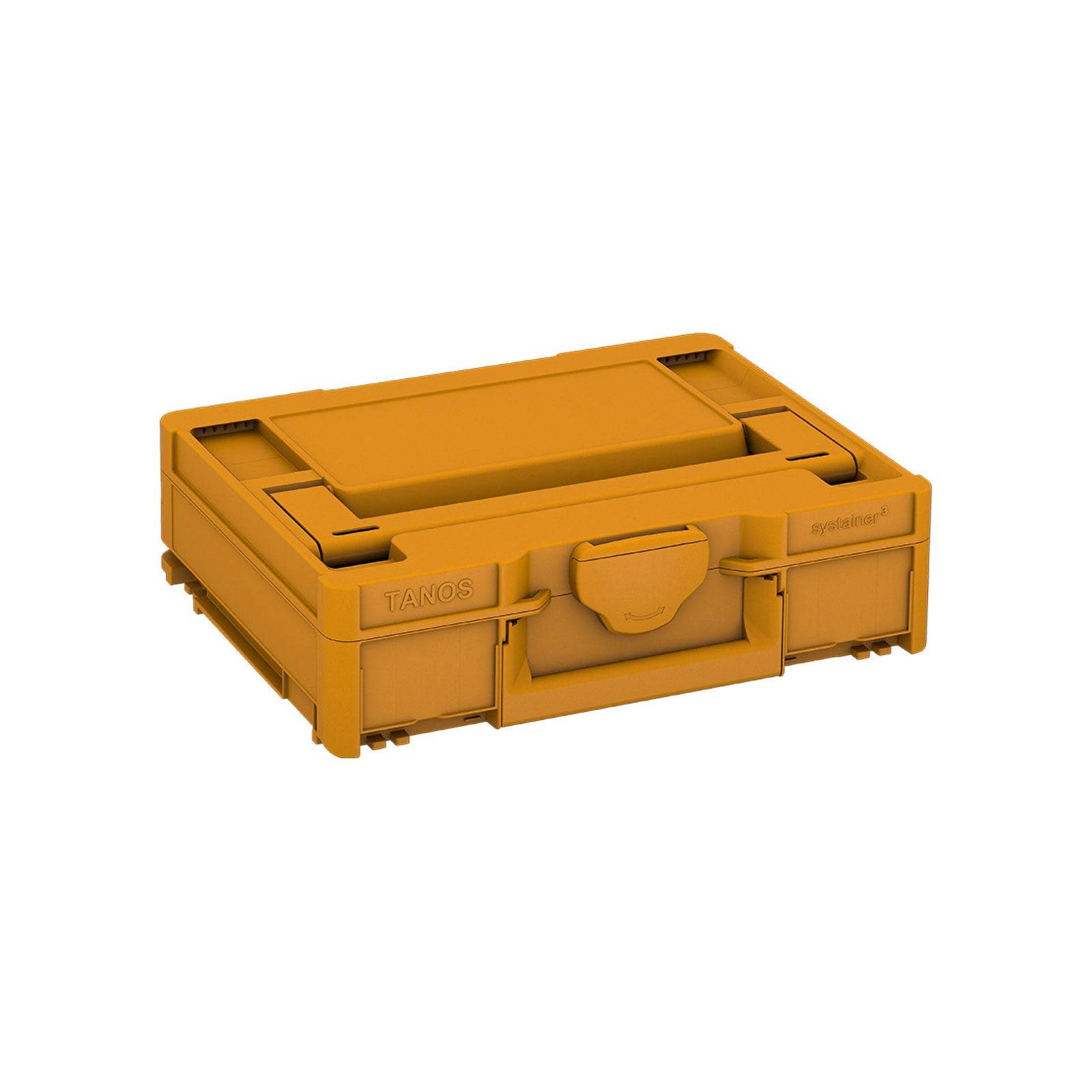 TANOS Systainer Koffer in Tanfarbe, geschlossen mit einem vorderen Verschluss, verwendet zur mobilen Aufbewahrung oder Organisation von Werkzeugen und Ausrüstung.