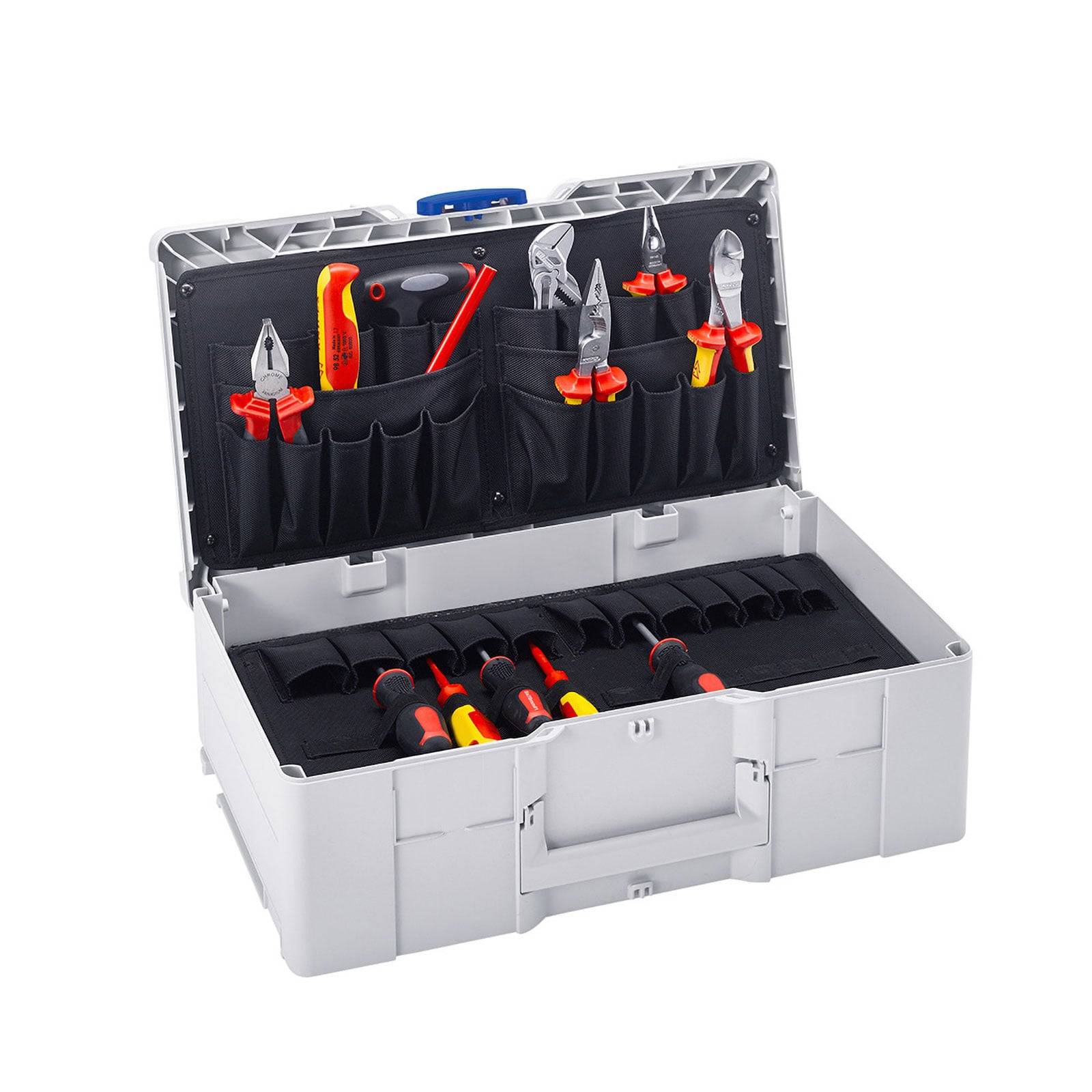 Werkzeugkasten mit verschiedenen Handwerkzeugen, einschließlich Zangen, Schraubenschlüsseln und Schraubenziehern, ordentlich in Fächern und Taschen sortiert.