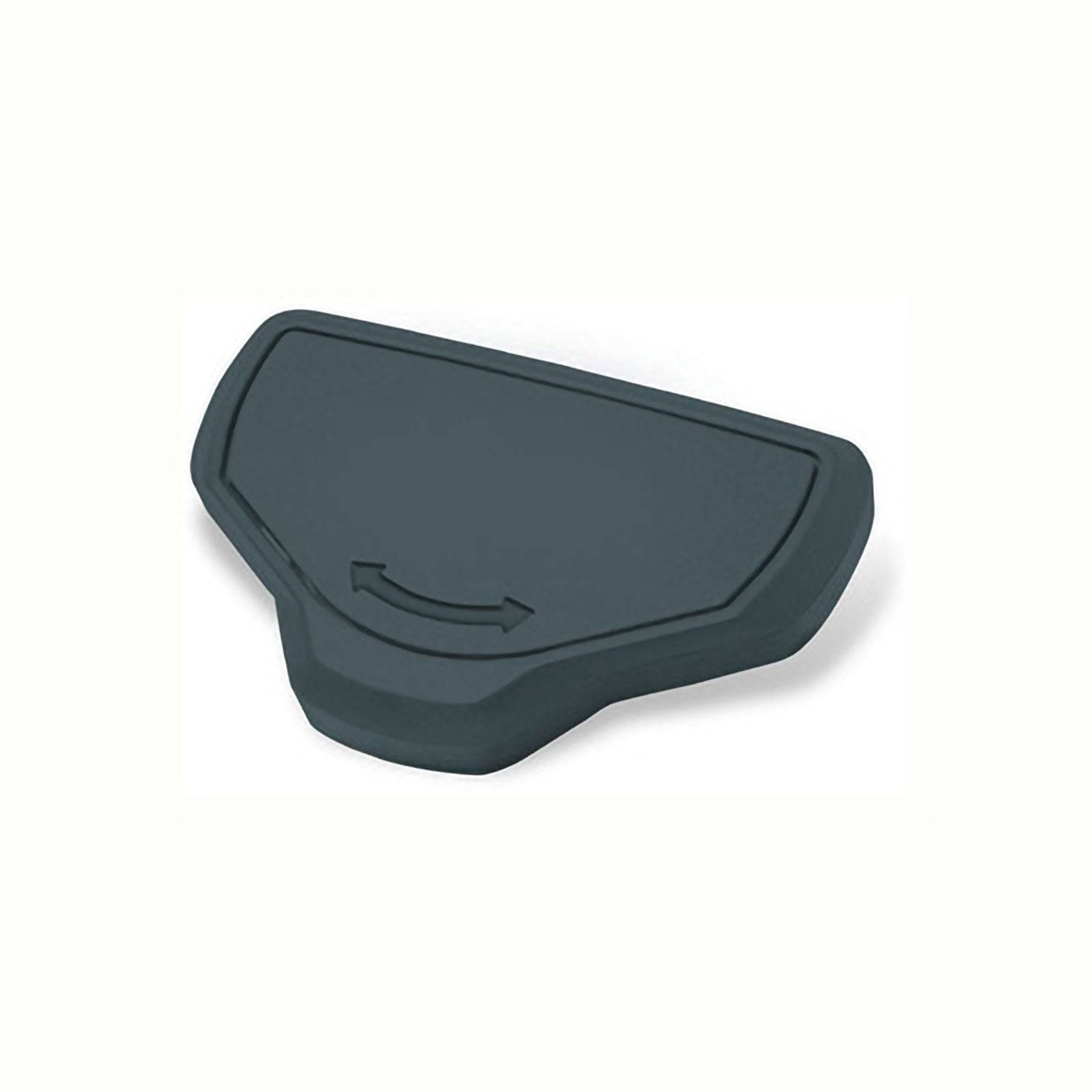 Eine dunkle, gepolsterte Armlehne mit einem Pfeilsymbol, das darauf hindeutet, dass sie rotiert oder justiert werden kann, höchstwahrscheinlich für ergonomische Möbel oder Ausrüstung konzipiert.