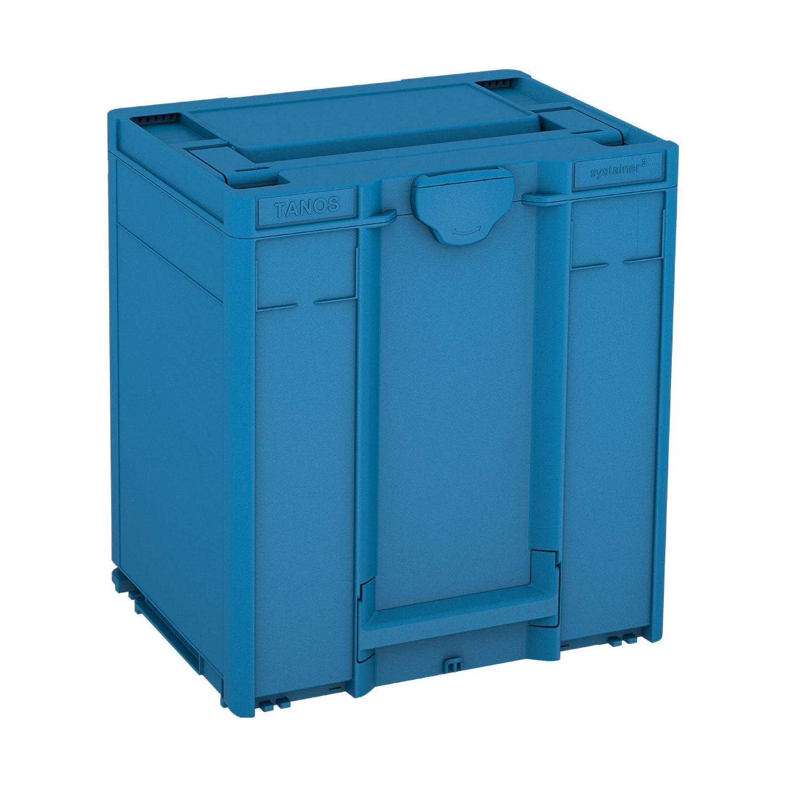 Eine blaue tragbare Aufbewahrungsbox mit Griff und verstärkten Kanten, die zum sicheren Stapeln und Transportieren von Gegenständen entwickelt wurde.