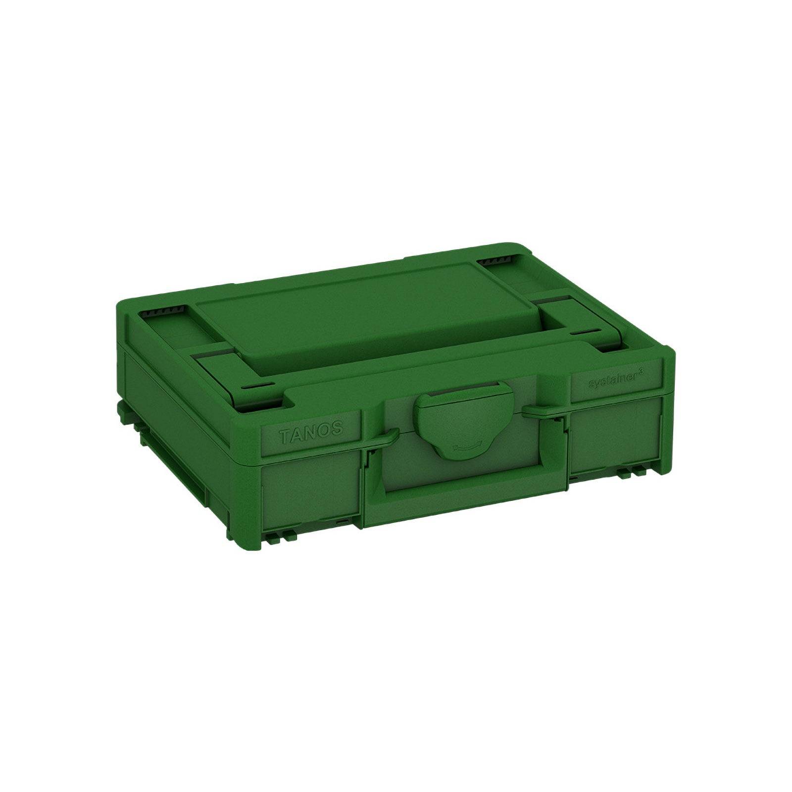 Eine grüne, rechteckige Kunststoff-Werkzeugbox mit Griff, die zum Organisieren von Werkzeugen und Zubehör entwickelt wurde.