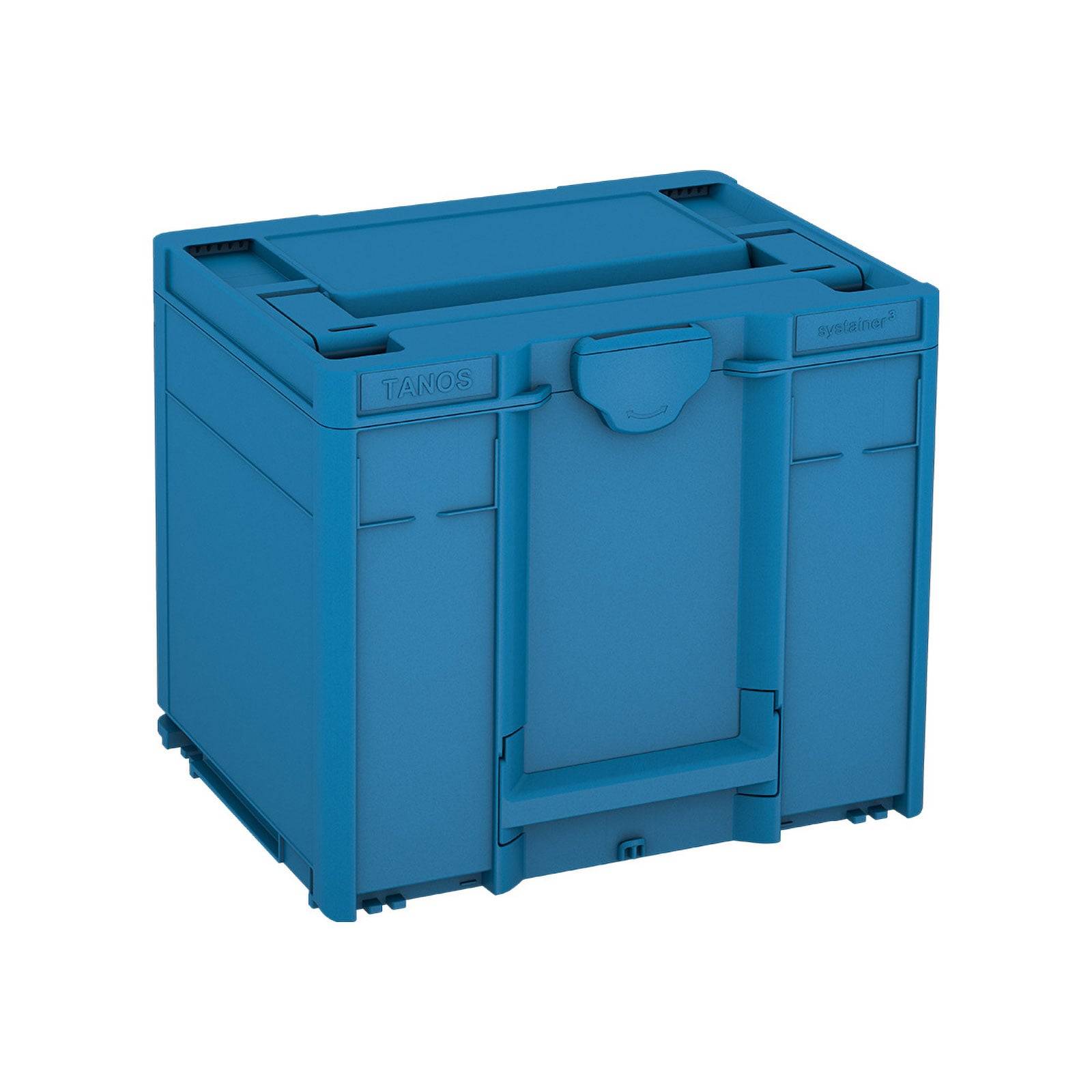 Eine blaue stapelbare Aufbewahrungsbox mit einem Griff oben und Verschlussmechanismen an den Seiten. Geeignet zur Organisation von Werkzeugen oder kleinen Gegenständen.