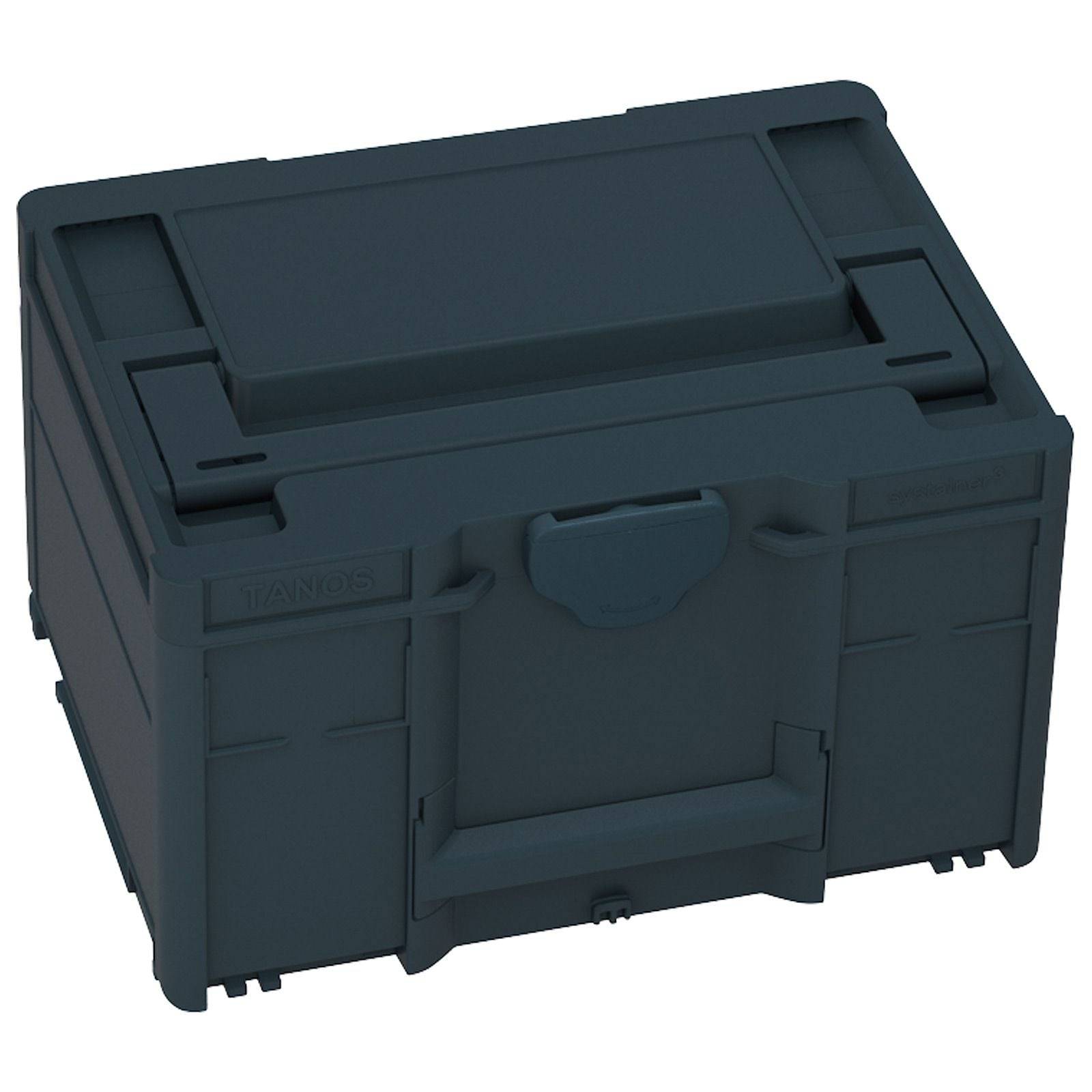 Eine dunkle Aufbewahrungsbox mit einem Tragegriff oben, konzipiert zur Organisation von Werkzeugen oder Ausrüstung. Die Box besitzt eine robuste, industrielle Erscheinung.