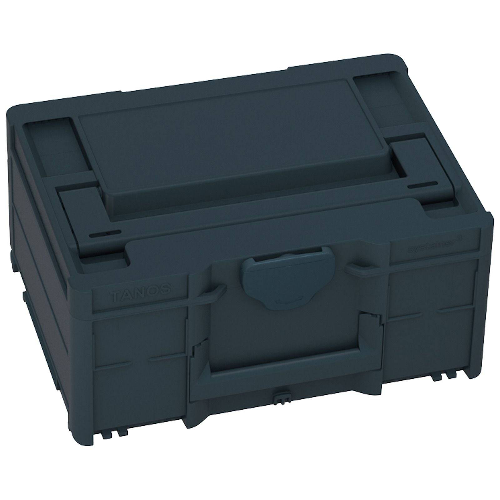 Eine große, geschlossene Kunststoff-Aufbewahrungskiste mit Griff, geeignet zum Organisieren oder Transportieren von Werkzeugen und Materialien.