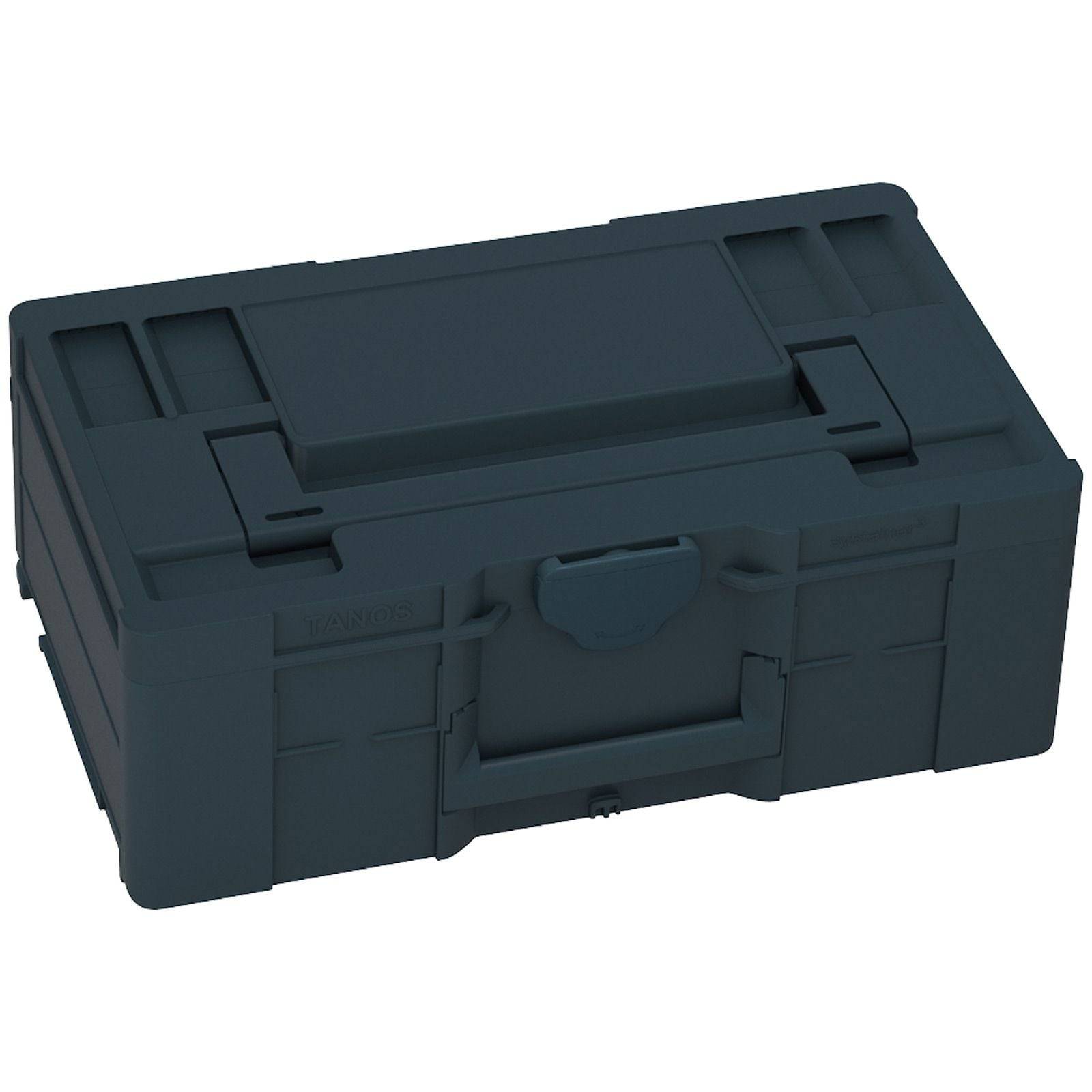 Eine graue rechteckige Werkzeugaufbewahrungsbox mit einem Griff an der Vorderseite und einem Verschluss oben. Sie ist zum Organisieren und Transportieren von Werkzeugen konzipiert.