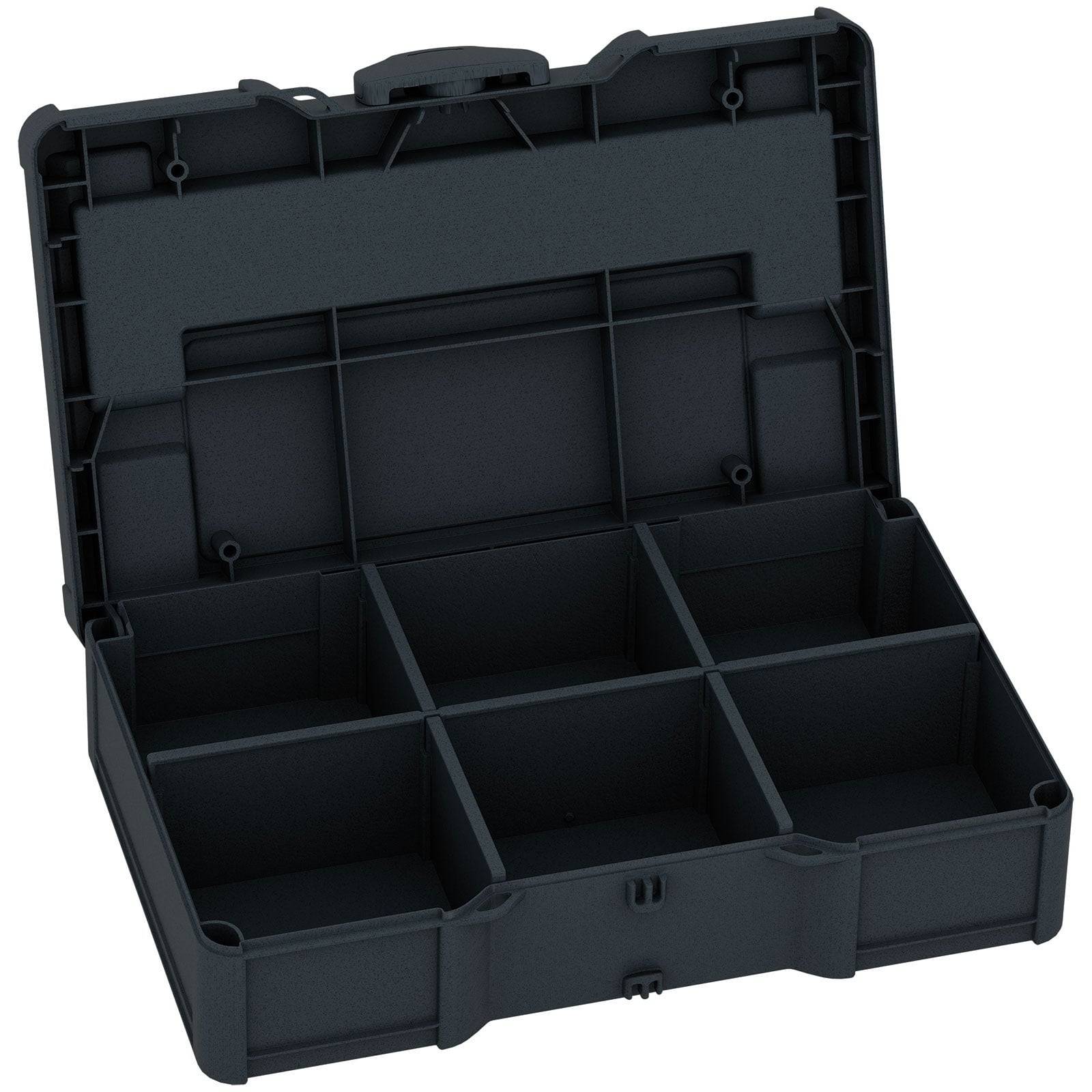 Eine offene schwarze Kunststoff-Aufbewahrungsbox mit sechs quadratischen Fächern zur Organisation von Kleinteilen.