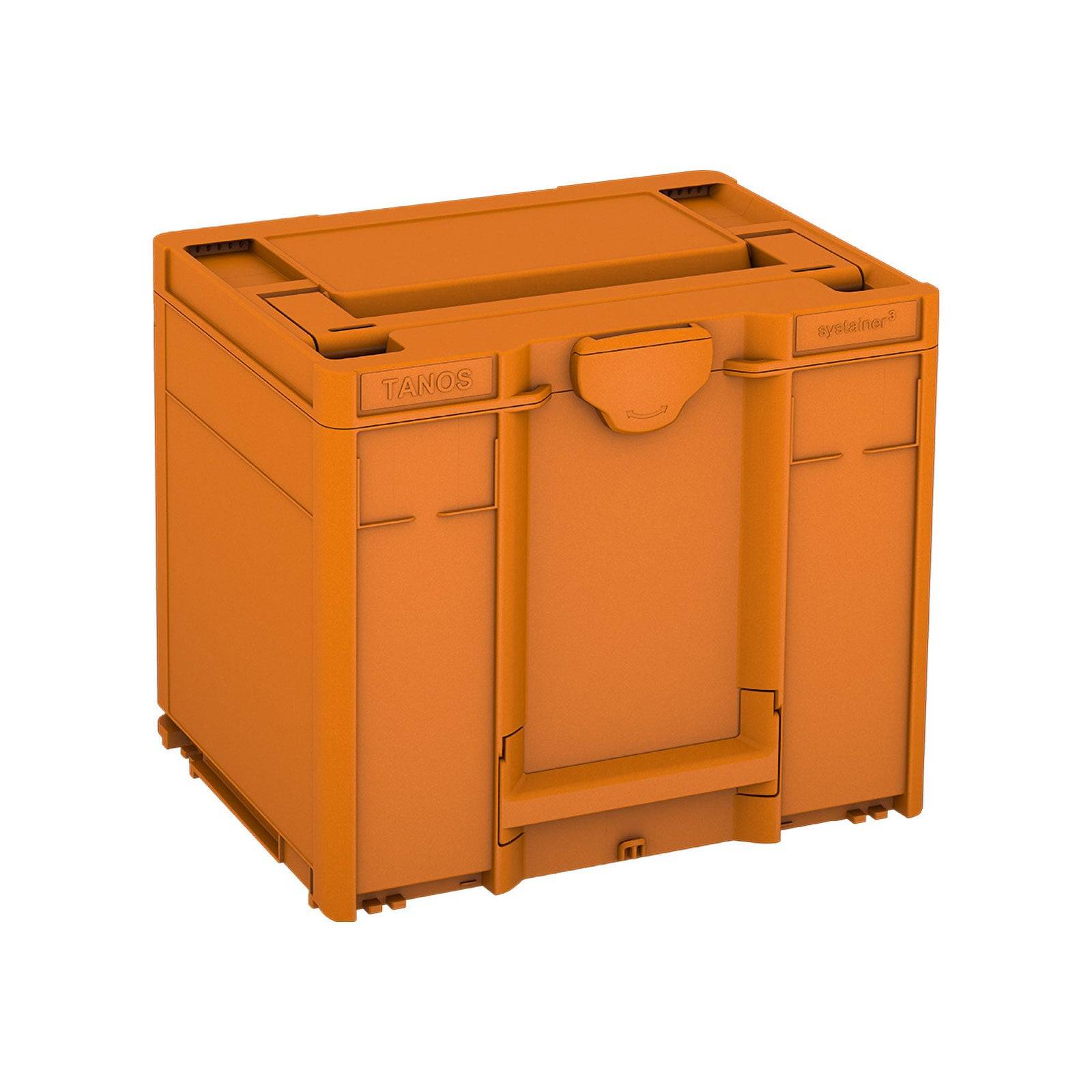 Orangefarbener Aufbewahrungsbehälter mit Griff oben, ausgestattet mit verschließbaren Seitenflächen zum Stapeln. Beschriftet mit 'TANOS' und 'Systainer3'.