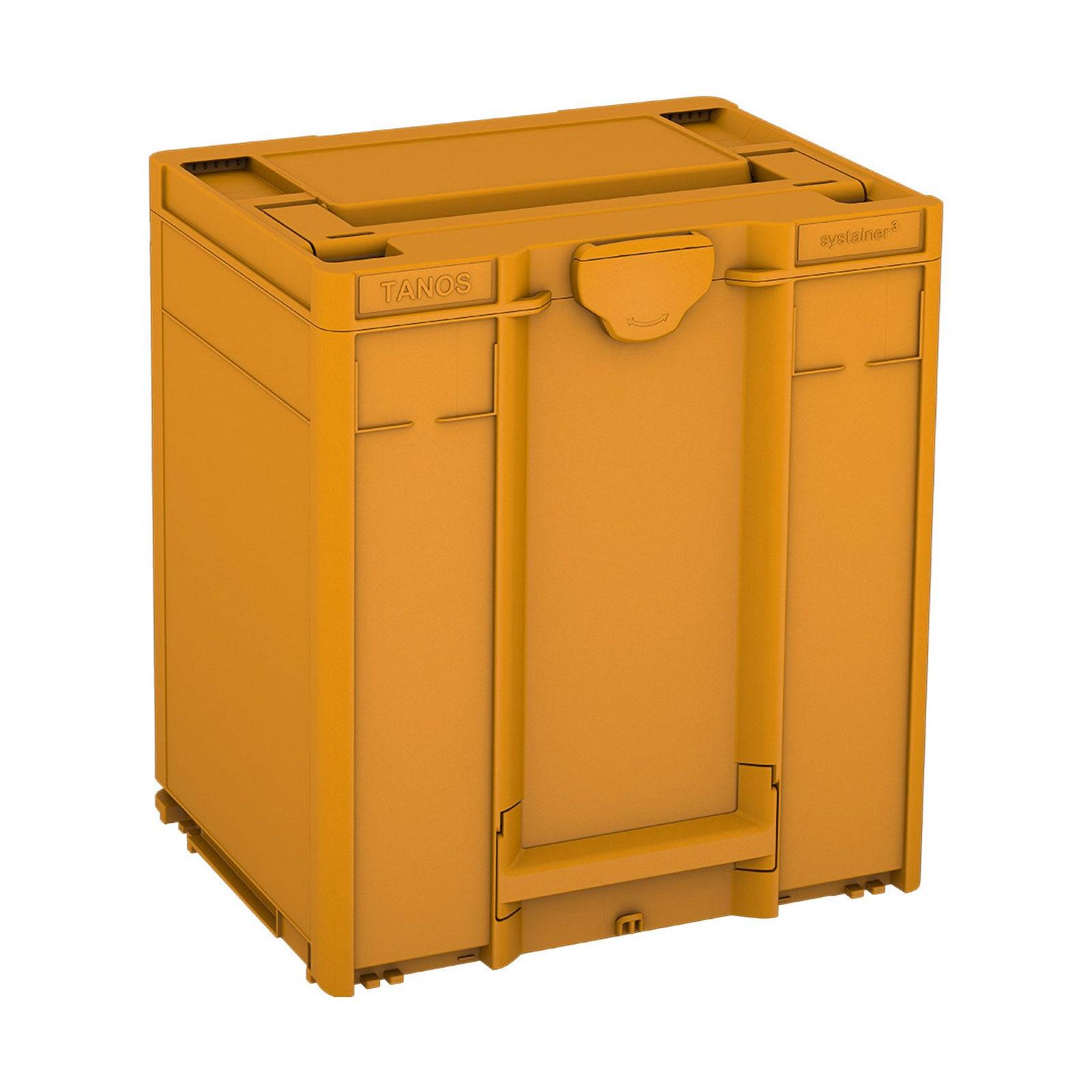 Eine orangefarbene Aufbewahrungsbox mit Verschluss und Griff, auf deren Vorderseite die Markierung 'TANOS Systainer' prangt, entwickelt zur Organisation von Werkzeugen oder Ausrüstungsgegenständen.