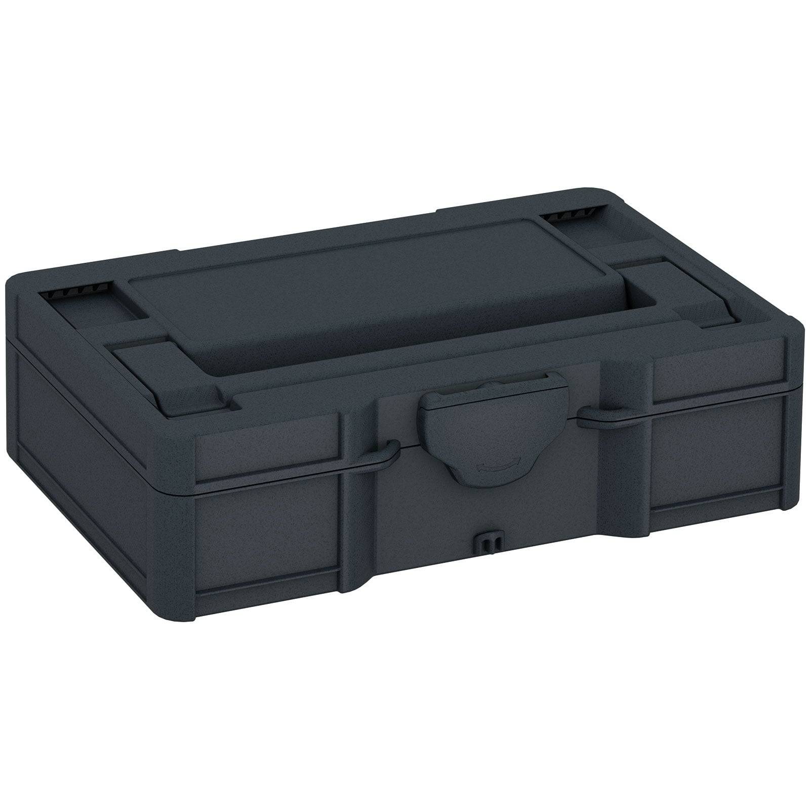Ein schwarzer, rechteckiger Werkzeugkoffer mit Griff und zwei vorderen Verschlüssen, geeignet zur Organisation und zum Transport verschiedener Werkzeuge oder Ausrüstungsgegenstände.
