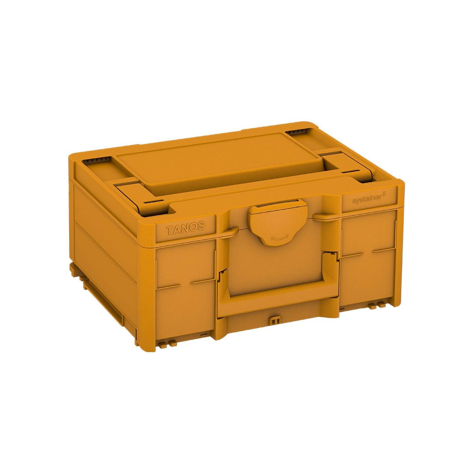 Orangefarbene Systainer-Aufbewahrungsbox mit Griff und Verschlüssen, entwickelt zum Organisieren und Transportieren von Werkzeugen oder kleinen Gegenständen.