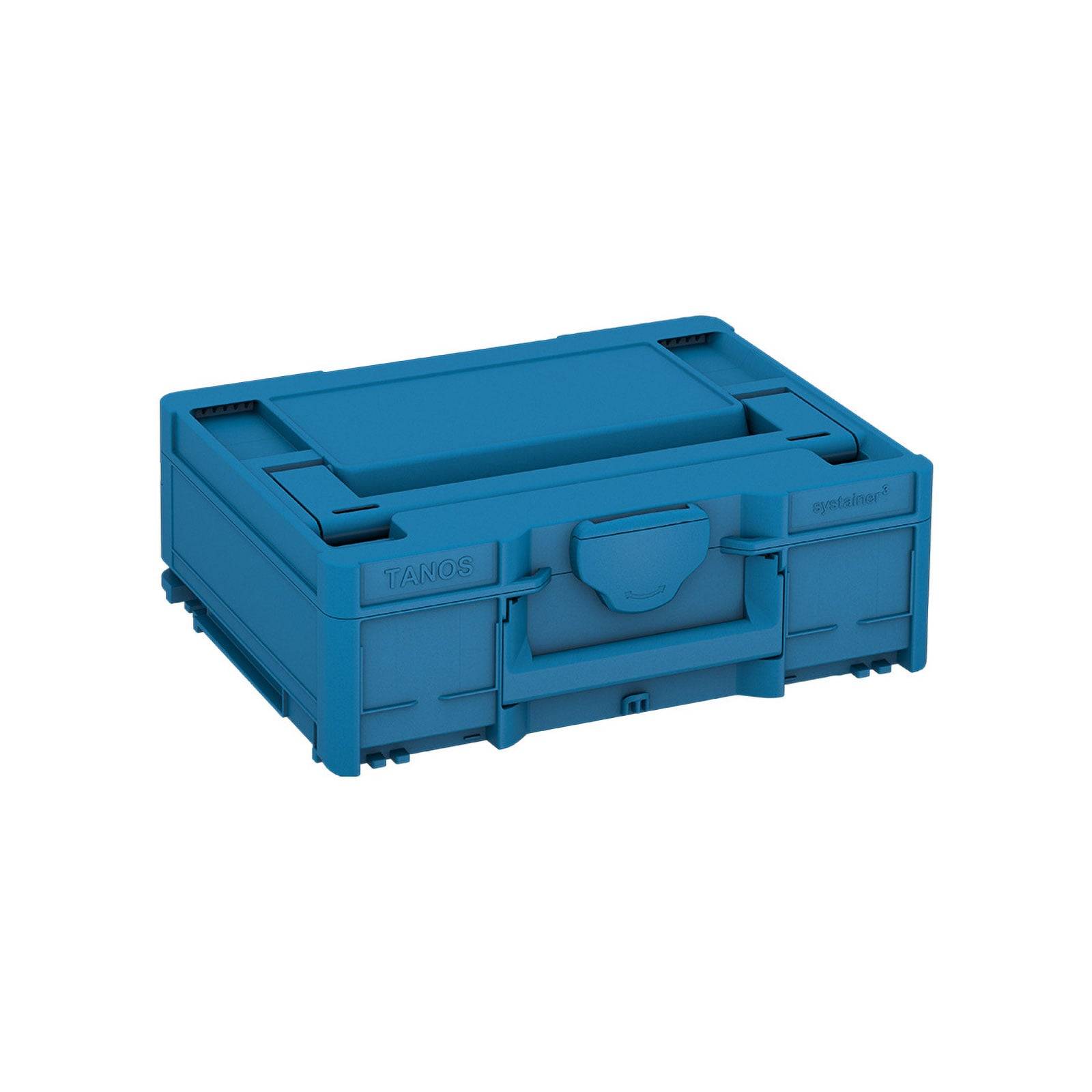 Eine blaue, rechteckige Werkzeugaufbewahrungsbox mit einem Griff an der Vorderseite und einem Logo an der Seite. Sie ist robust und kompakt.