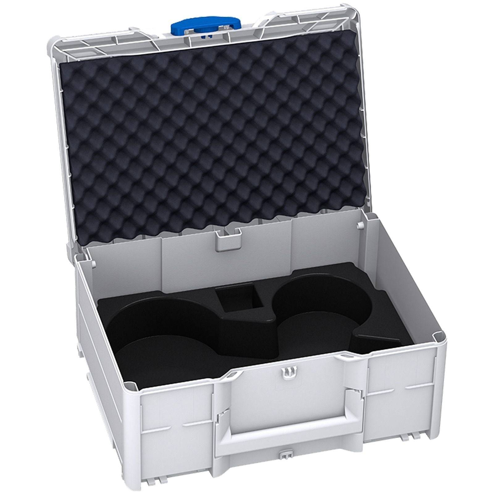 Robuste Hartplastik-Transportbox mit einer Schaumstoffeinlage, entwickelt, um Gegenstände sicher zu fixieren. Die Tasche ist grau und verfügt über einen blauen Griff.