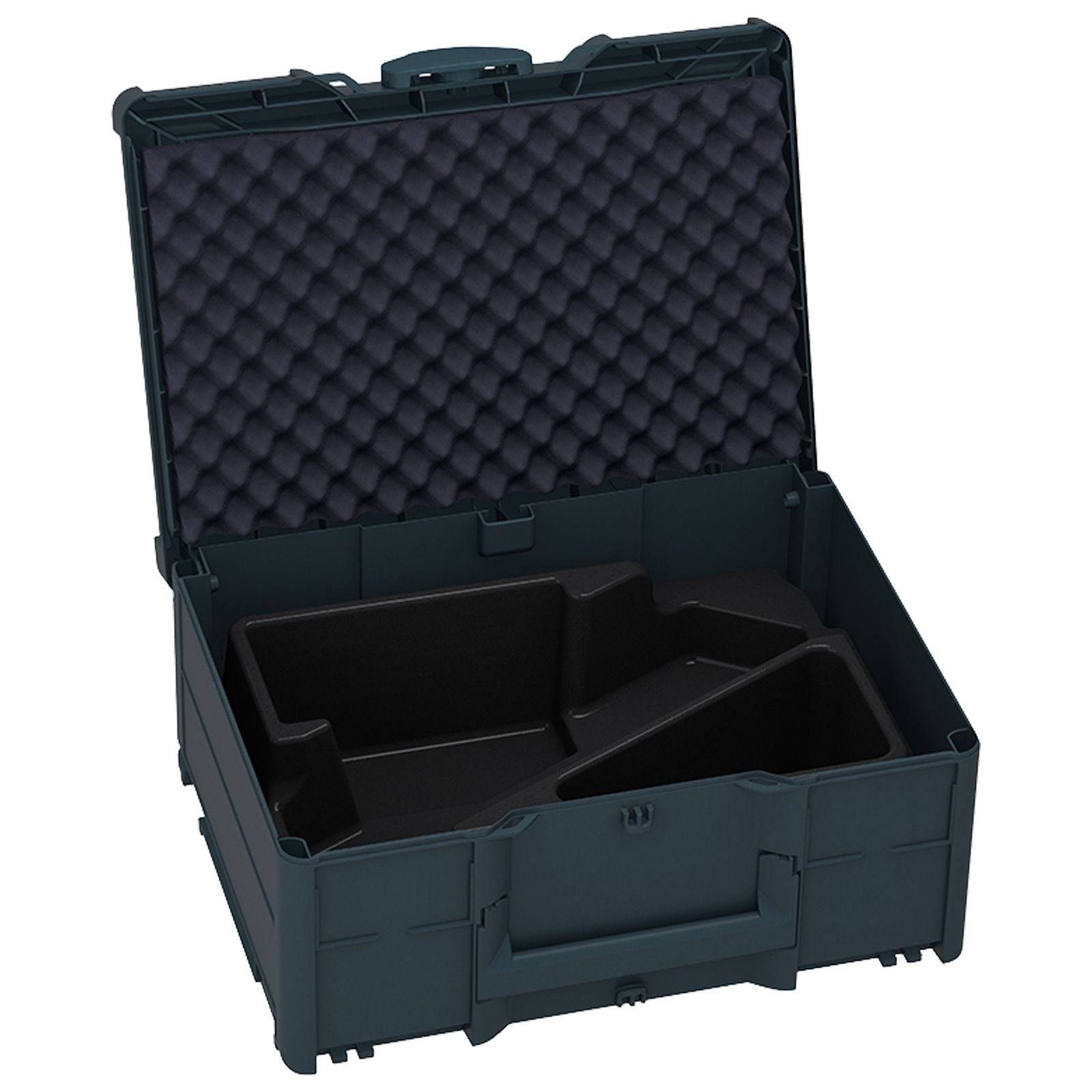 Öffnen Sie die schwarze Werkzeugbox mit einem schaumstoffausgekleideten Deckel und einem fächerweise unterteilten Innenraum zur Organisation von Werkzeugen.