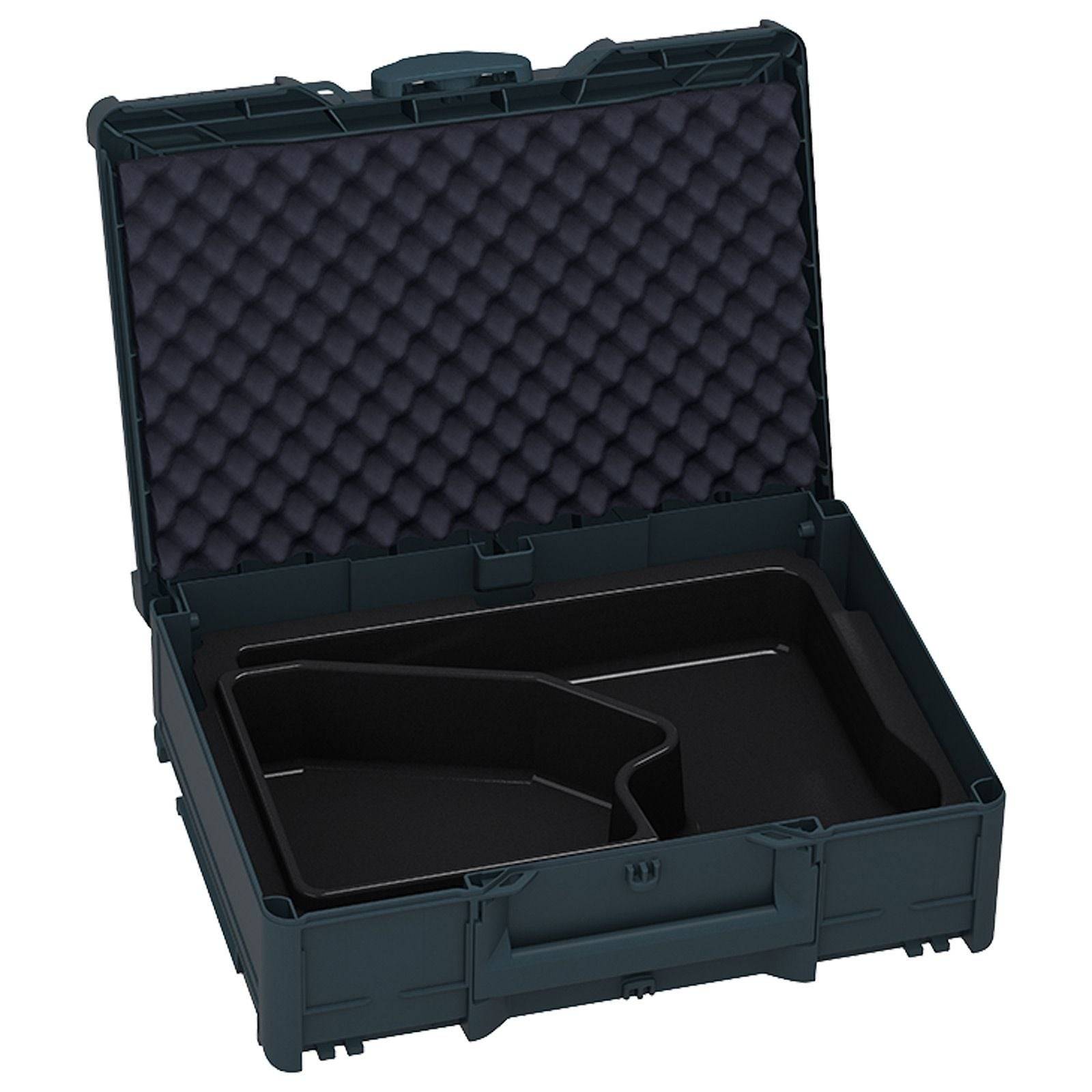 Ein offener schwarzer Werkzeugkoffer mit Schaumstoffpolsterung und einem herausnehmbaren Tablett im Inneren, der zum Organisieren und Schutz von Werkzeugen während des Transports entwickelt wurde.