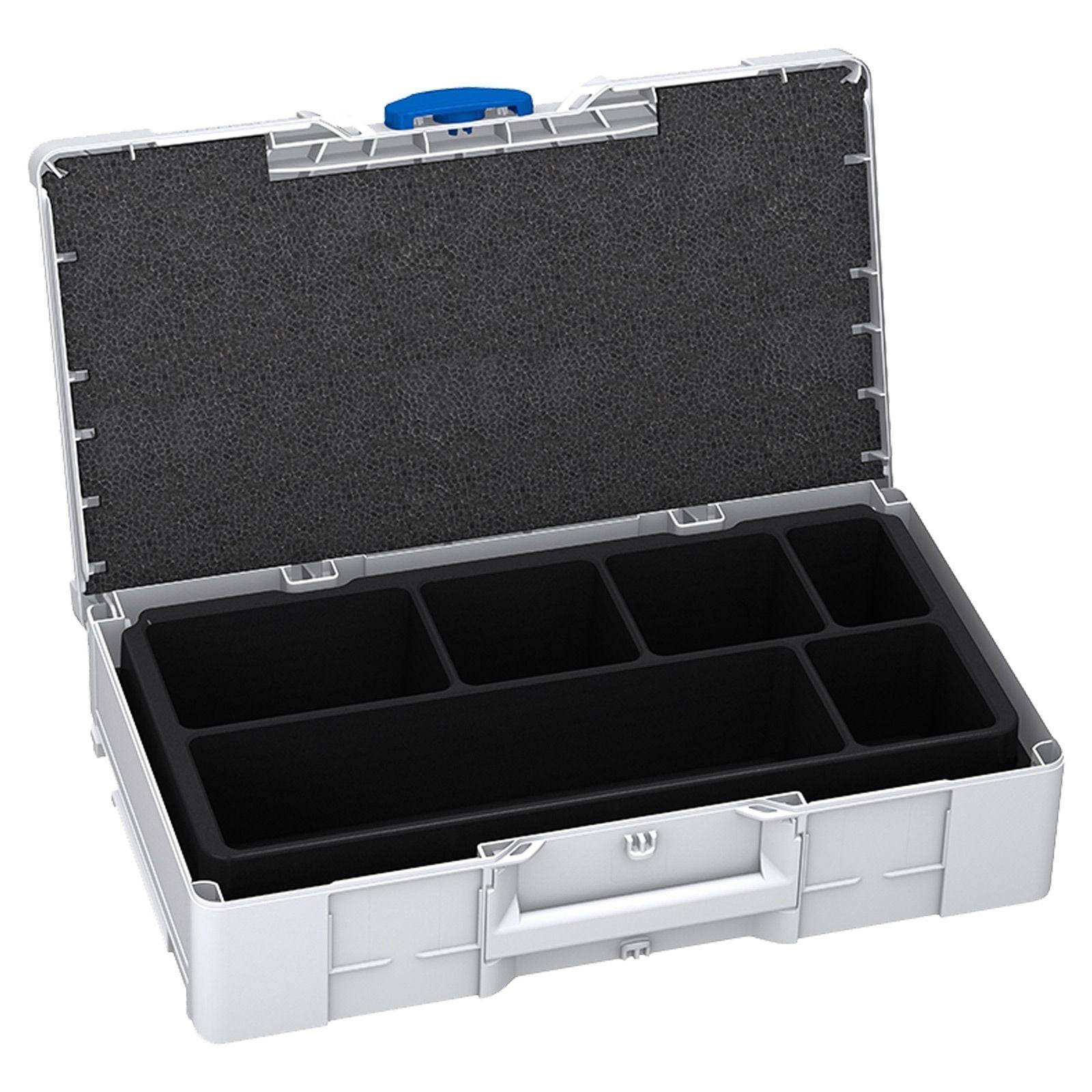 Eine weiße Aufbewahrungsbox mit sechs schwarzen Fächern, geöffnet, um den Innenraum zu zeigen, entworfen zum Organisieren kleiner Gegenstände.