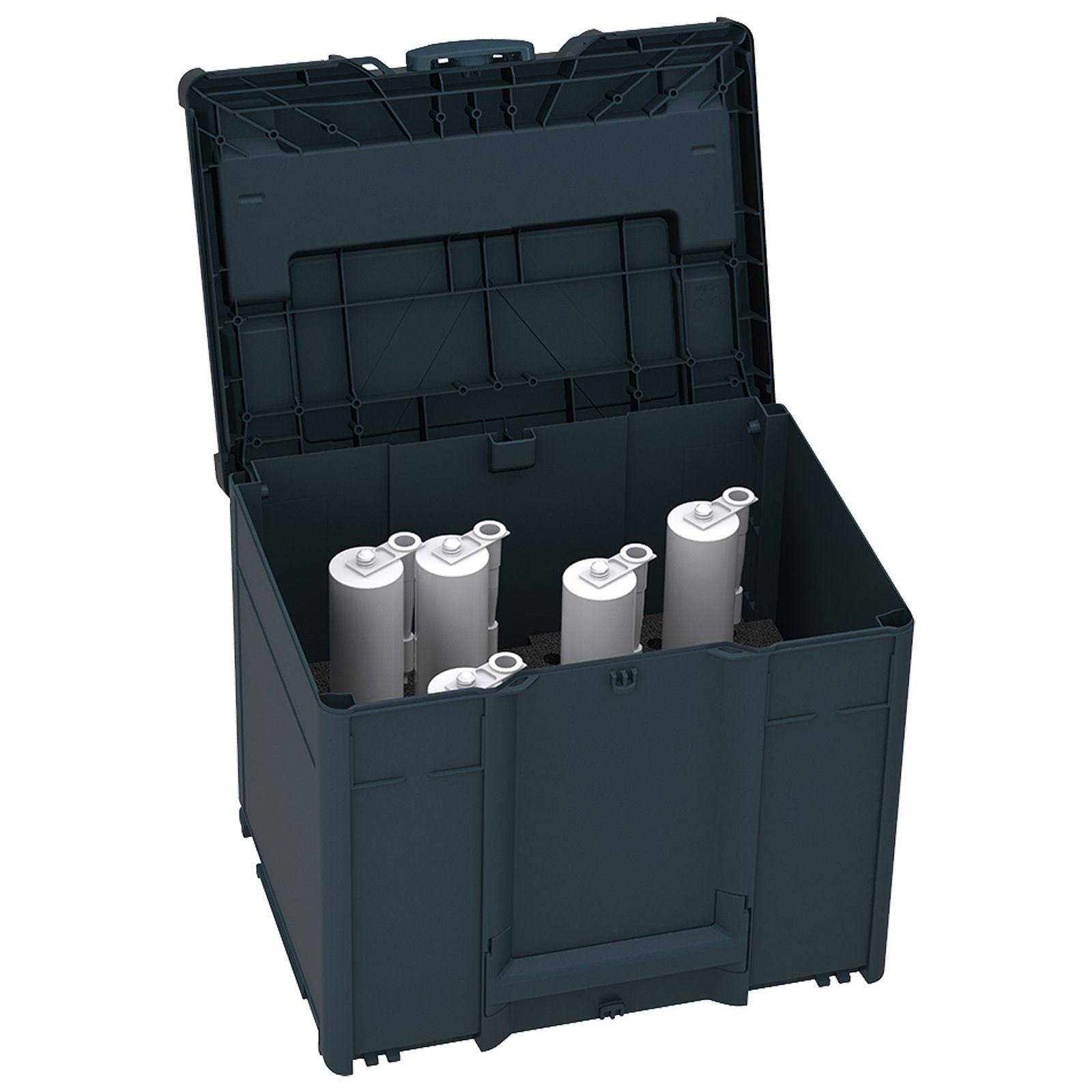 Eine offene dunkelblaue Aufbewahrungsbox, die fünf weiße zylindrische Behälter mit Griffen enthält, vor einem einfarbigen Hintergrund.