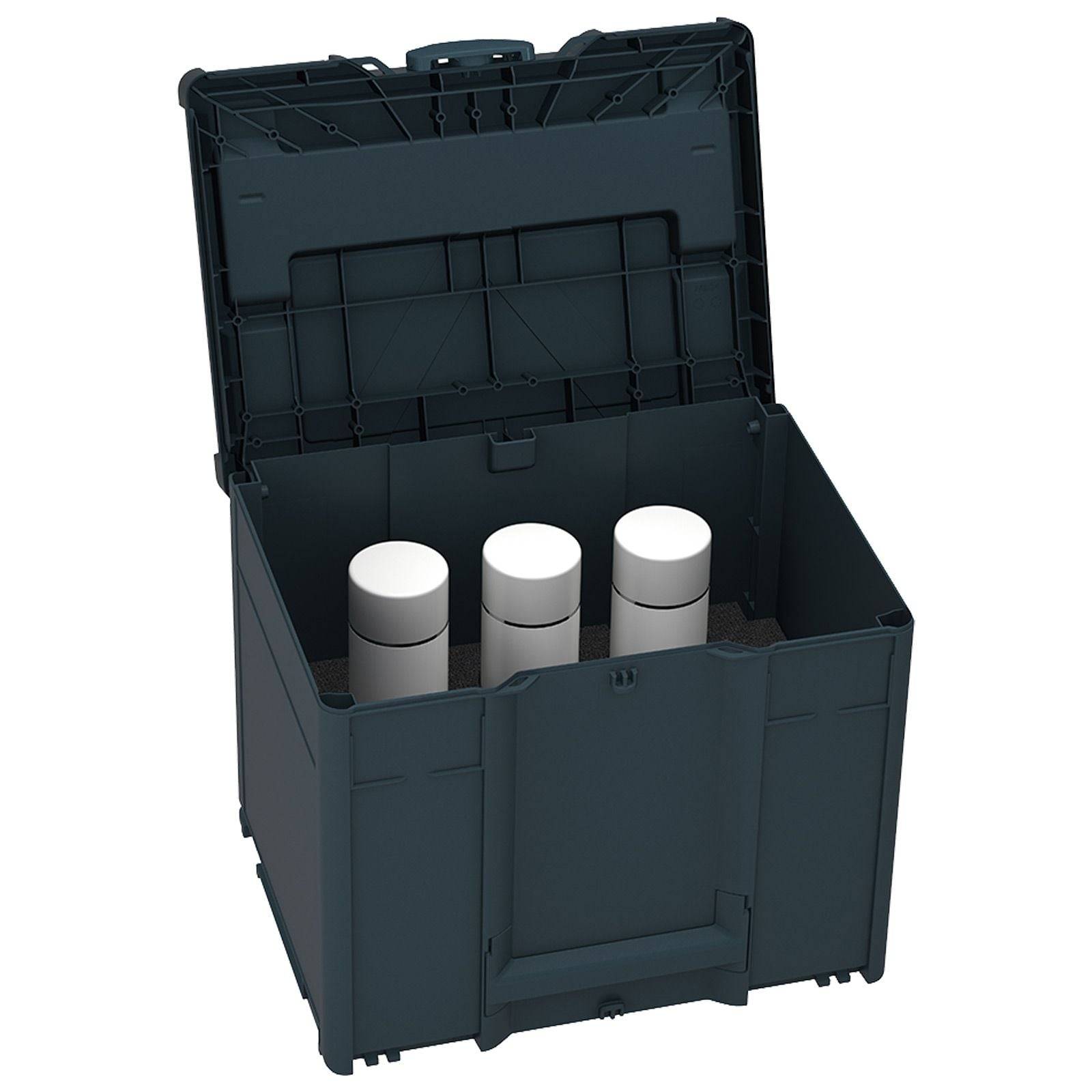 Eine schwarze Lagerkiste mit offenem Deckel zeigt drei weiße zylindrische Behälter, die aufrecht im Inneren stehen.