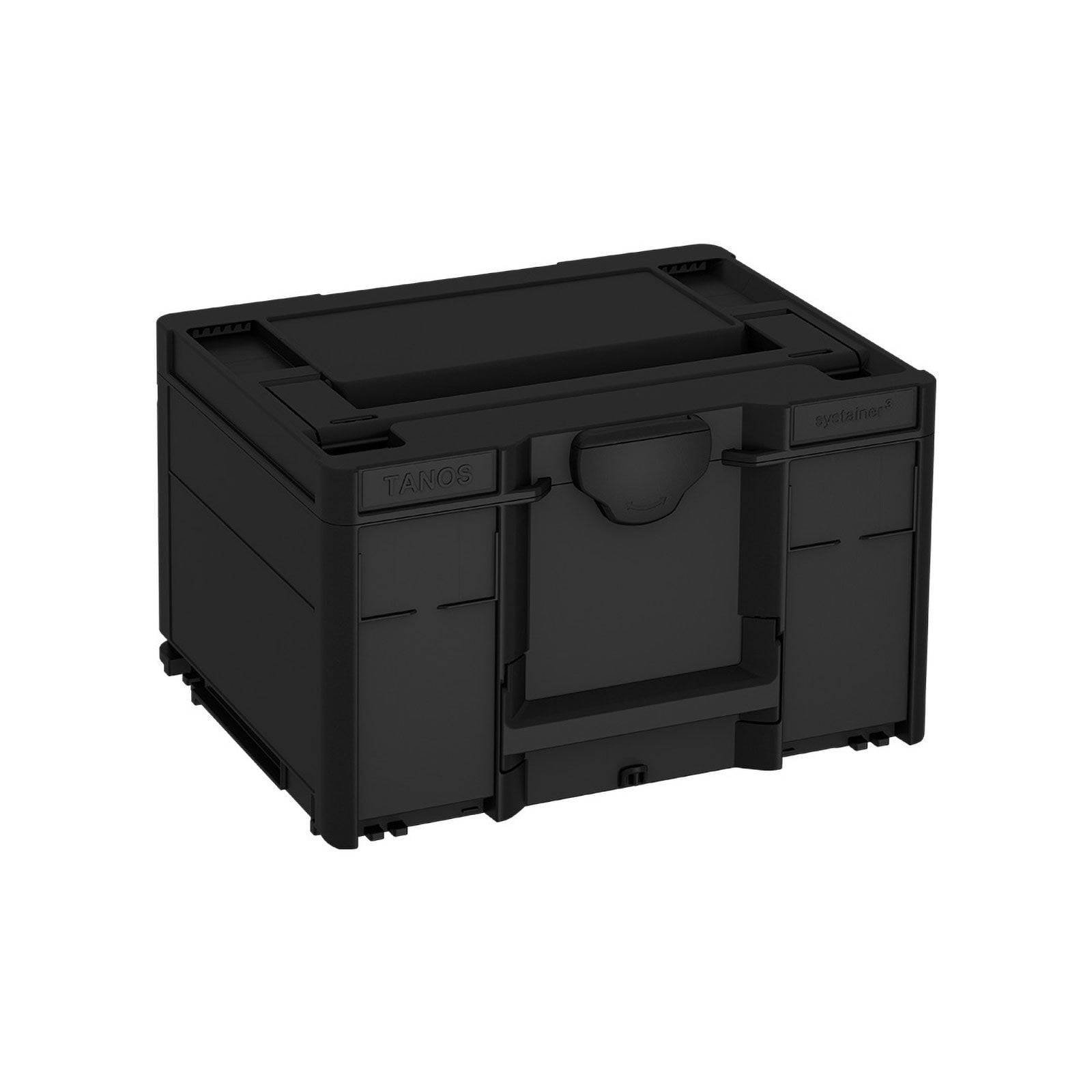 Eine schwarze Aufbewahrungsbox mit dem Markennamen 'Tanos' auf der Vorderseite.