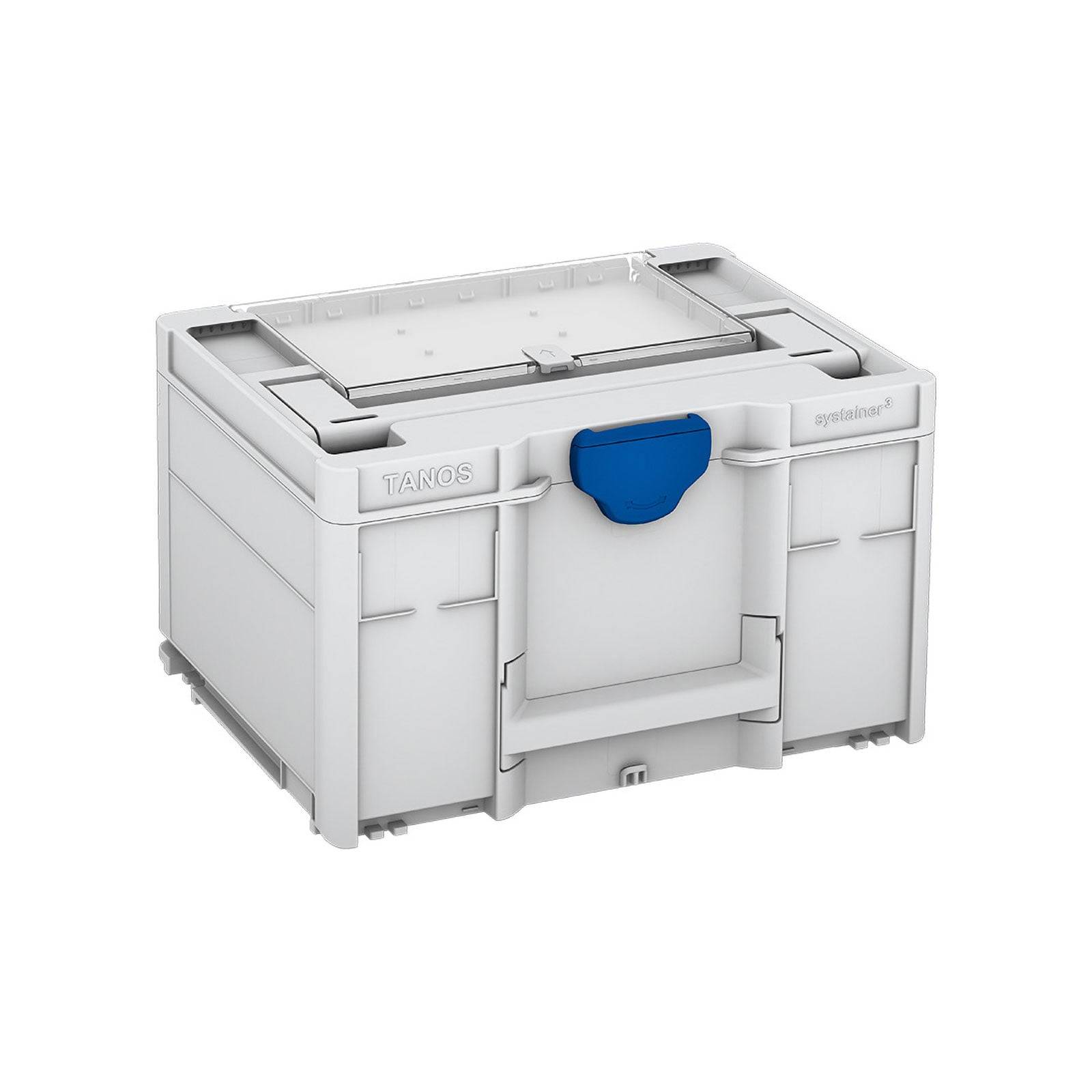 Eine weiße Aufbewahrungsbox mit einem flachen Deckel und einem blauen Griff, entwickelt zum sicheren Stapeln und einfachen Tragen, geeignet zur Organisation von Werkzeugen.