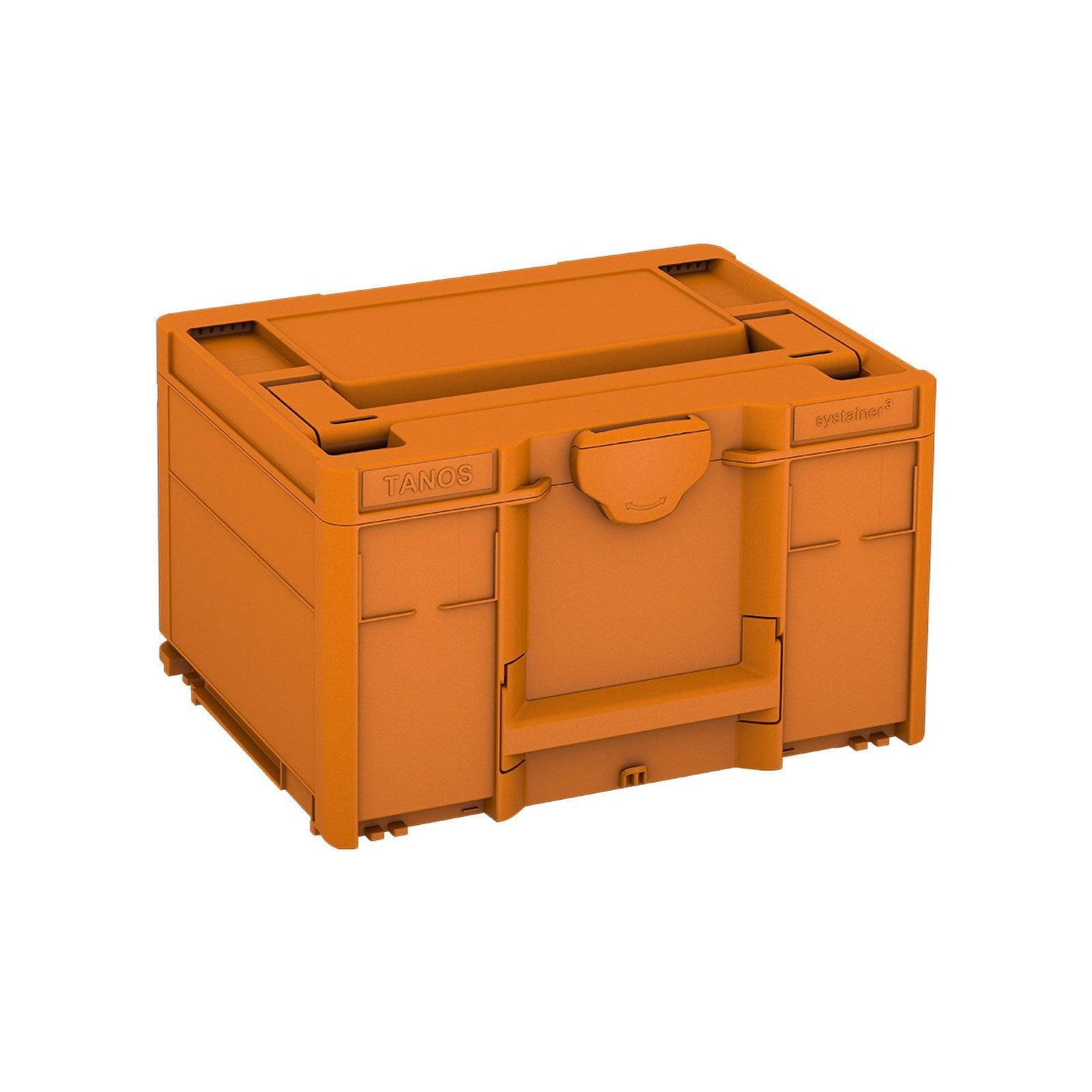 Eine orangefarbene Aufbewahrungsbox mit einem Frontgriff und der Aufschrift 