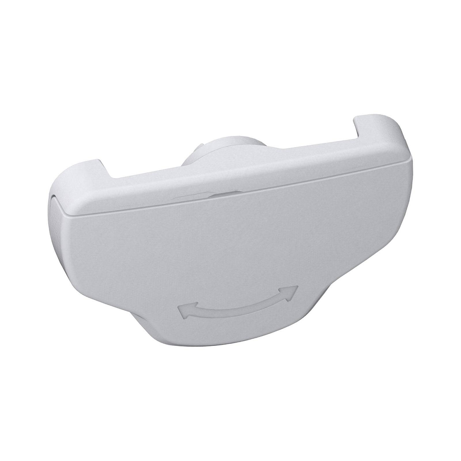 Ein weißer, geschwungener Schrankverschluss mit einem einfachen Pfeildesign, der den Verschlussmechanismus anzeigt und für die Kindersicherung von Möbeln entwickelt wurde.