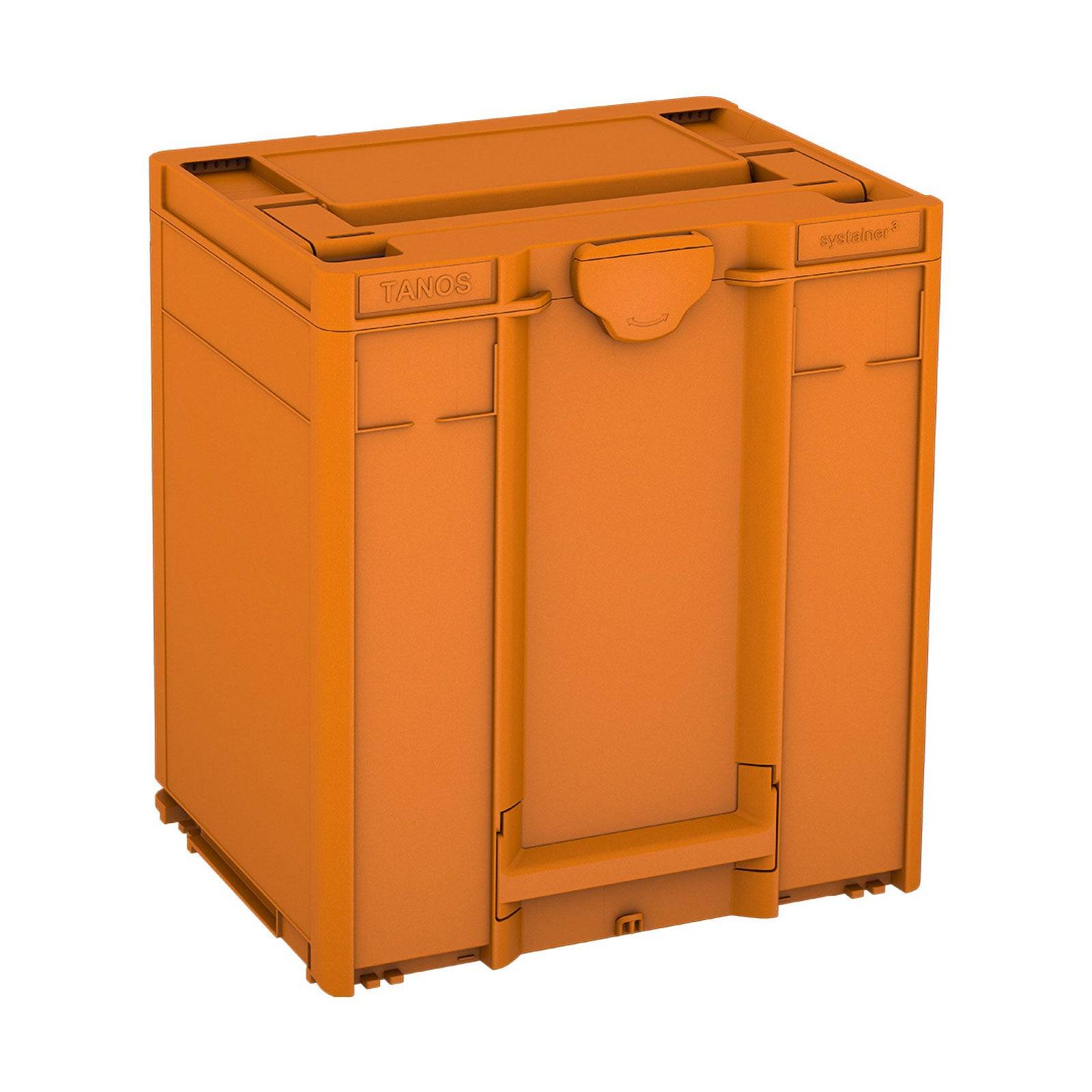 Ein orangefarbener, rechteckiger Aufbewahrungsbehälter mit Deckel und Griff, der für einfachen Transport und Organisation konzipiert wurde.