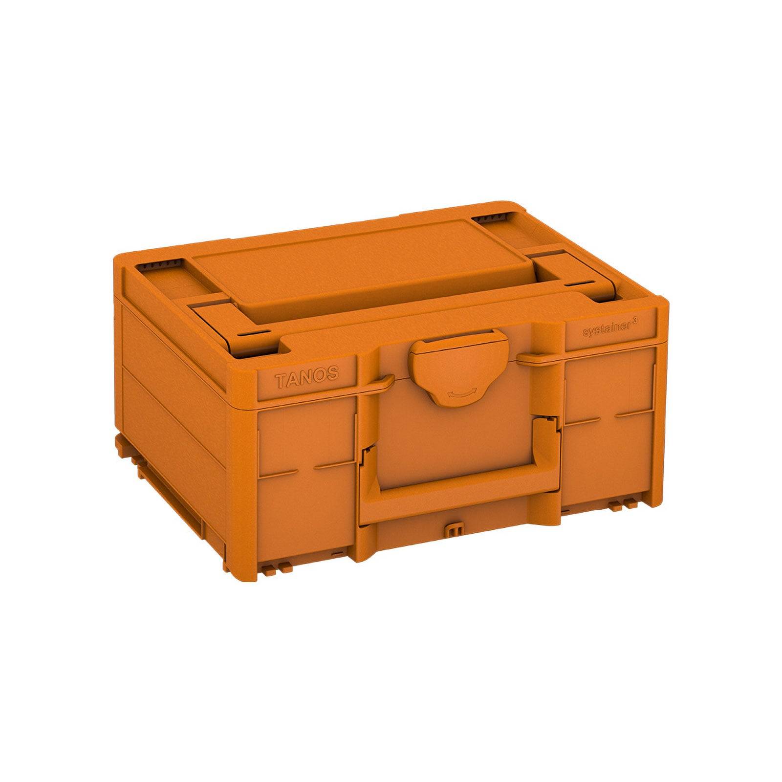 Orangefarbene Aufbewahrungsbox mit Griffen, mit der Aufschrift „Tanos