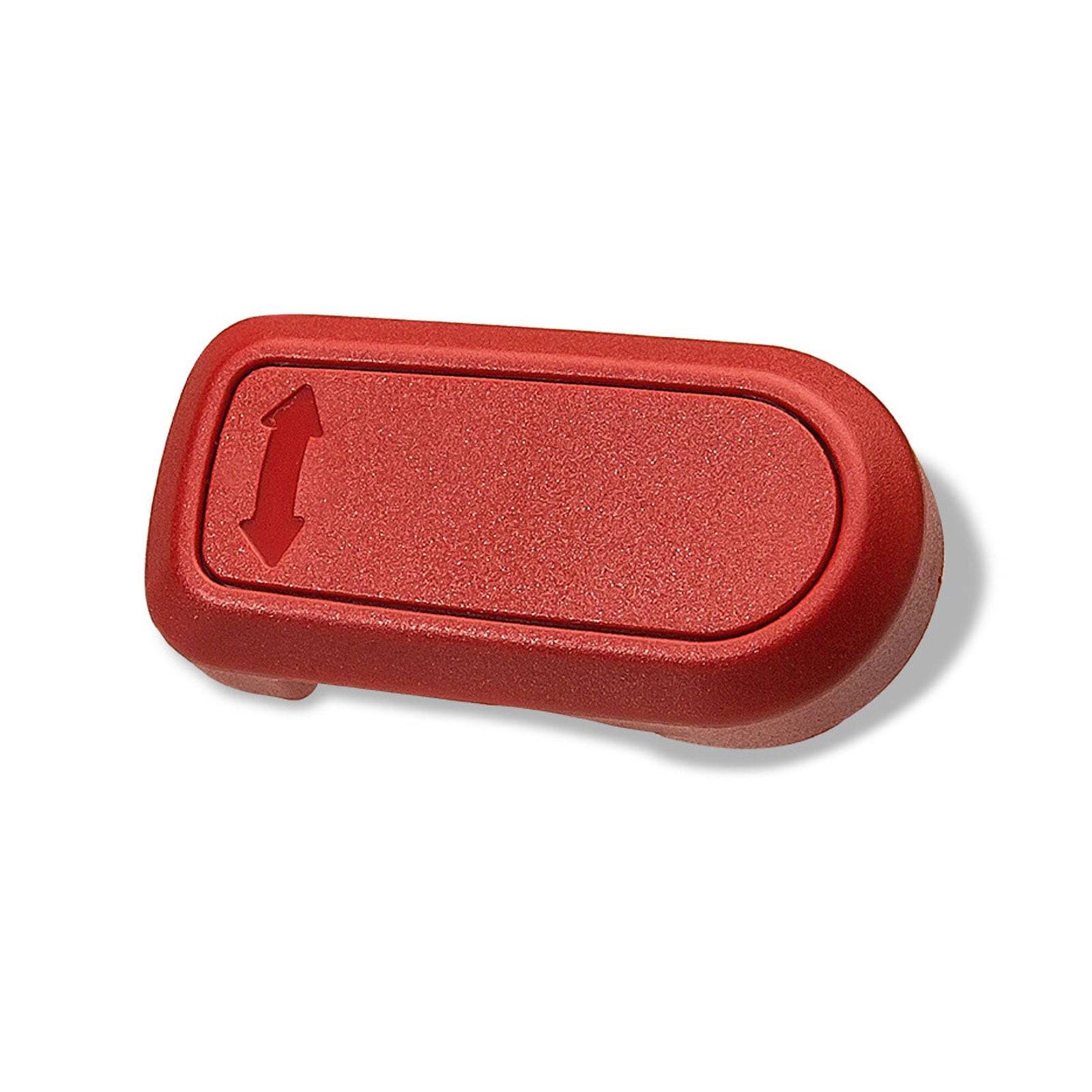 Ein roter Plastikschalter in der Ausgeschaltet-Position, der eine einzelne Pfeilrichtung zur Bewegungsanzeige aufweist.